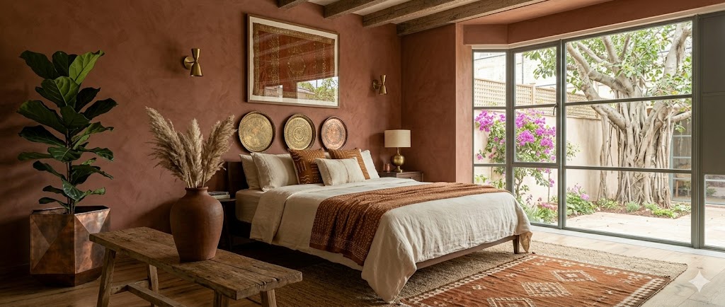 An Indian bedroom in a rust-and-cinnamon earthy palette with a soft rust-plaster headboard wall, a cream linen bed with a single rust throw, dark walnut bedside tables, two brass lamps with parchment shades and a small cinnamon kilim rug at the foot of the bed