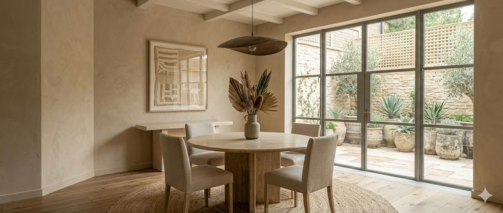 A minimalist dining area in a sand-and-stone earthy palette with sand-toned lime-plaster walls, a travertine round dining table for four, four pale linen-upholstered chairs, a dried-palm arrangement in a stoneware vase and a Pinole-bronze pendant low above the table
