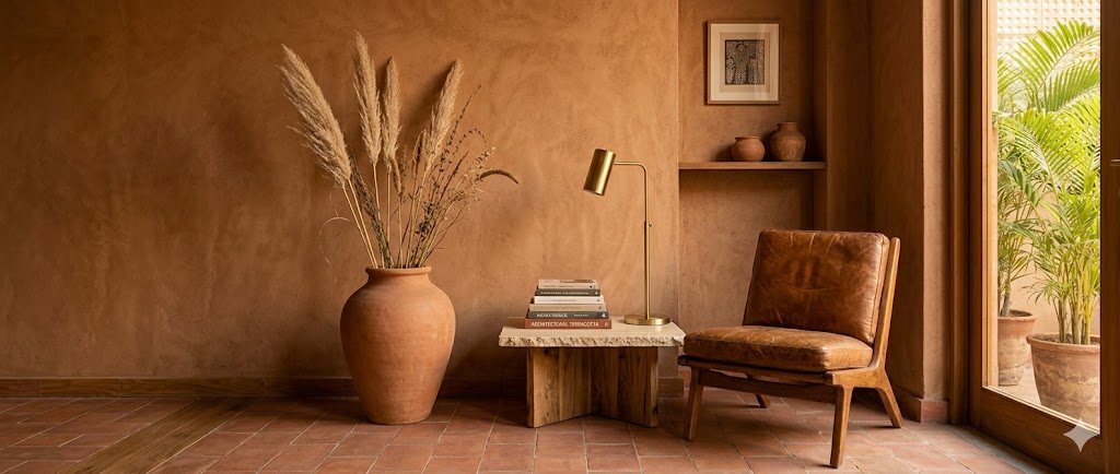 An earthy room scene in terracotta and clay — deep terracotta clay-plaster walls, oak floor, an unglazed terracotta floor vase with dried-grass arrangement, a tan leather lounge chair, art books on a travertine side table and a brass reading lamp in warm afternoon light