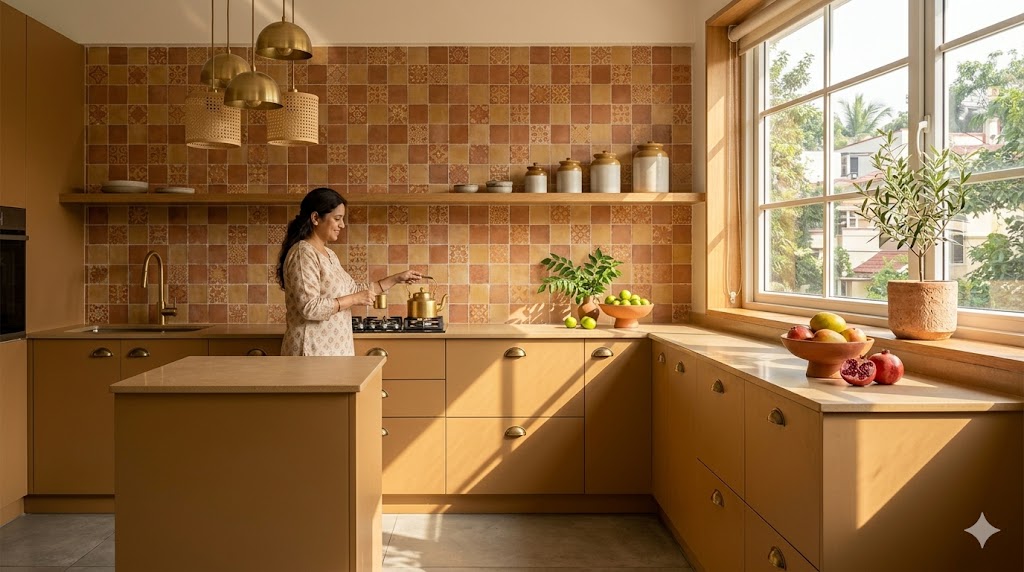 Wide-angle photograph of an earthy palette modular kitchen in a Bengaluru or Pune 3 BHK apartment morning sunlight pouring through a generous window onto a clay-tone matte laminate cabinet run in soft ochre with aged brass cup pulls a kota stone honed counter in warm tan a backsplash of Athangudi handmade cement tiles in terracotta and ochre running floor to ceiling a single open teak ledge holding five Khurja stoneware jars in graduated heights a warm brass and cane pendant cluster hanging over a small kitchen island a hand-thrown terracotta fruit bowl on the counter with mangoes and pomegranates an Indian woman in her forties wearing a soft khadi kurta gently making morning chai in a brass kettle on the gas range the warmth of Indian morning light catching the matte texture of the laminate and the irregularity of the handmade tile magazine-quality interior photograph grounded craft kitchen sensibility