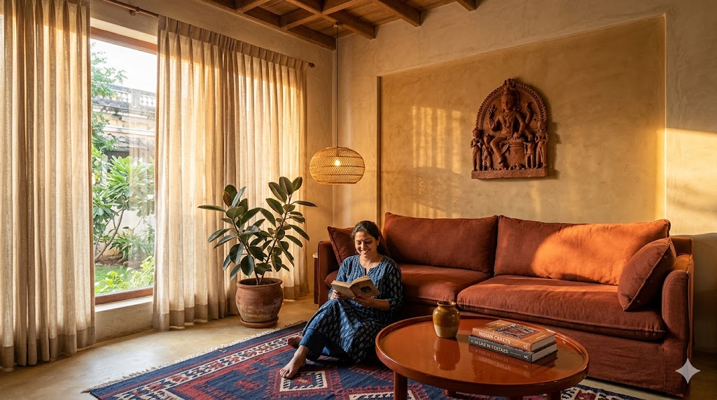 Wide-angle photograph of an earthy palette living room in a Pondicherry or Bengaluru 2 BHK apartment late afternoon golden light streaming through full-height oat khadi curtains a deep low-slung rust-coloured khadi sofa anchored by a 6 by 9 Kutch vegetable-dye wool dhurrie in indigo and madder a Channapatna lacquered burnt sienna round coffee table holding a single hand-thrown Khurja stoneware vessel in ochre glaze and two stacked craft books an Auroville cane and brass pendant lamp hanging low over the seating area a mud-plaster accent wall behind in soft ochre with one large terracotta Bastar dhokra sculpture an Indian woman in her late thirties wearing an indigo cotton kurta sitting cross-legged on the dhurrie reading a book a large rubber plant in a terracotta pot near the window the warmth of evening light catching the texture of the lime plaster magazine-quality interior photograph grounded biophilic atmosphere quiet craft sensibility