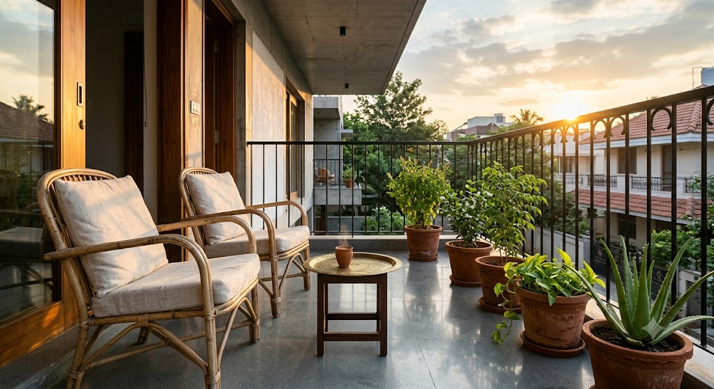 First-floor east-facing balcony of an Indian home at sunrise with slim black MS railing, polished IPS flooring, two cane chairs with linen cushions around a low brass-topped side table holding a single steaming chai cup, and a row of five terracotta planters along the balcony edge — Tulsi, mogra jasmine, curry leaves, money plant, aloe vera — with warm horizontal sunrise light raking across the chair backs