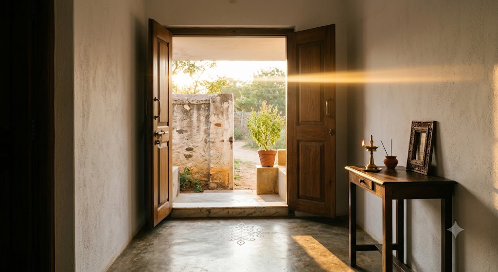 Interior view from the foyer of an east-facing Indian home with the teak double-leaf entry door open and warm 6:30 AM sunrise streaming horizontally across the polished cement floor, a single brass diya freshly lit on a console table, a raised marble threshold step and a glimpse of Tulsi plant beyond the doorway — the ritual first moment of the household's day