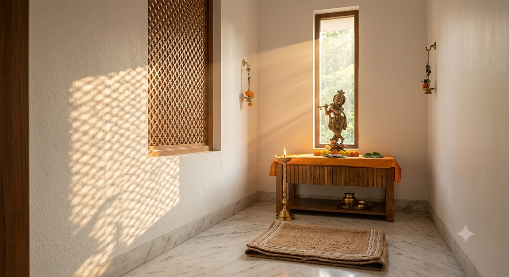 Small dedicated pooja room in the northeast corner of an Indian home receiving the first hour of morning light through a narrow east-facing window, the sloping warm light-shaft landing directly on a panchaloha deity standing on a teak altar with a single brass oil diya burning at the altar's front edge, white-painted walls, marble flooring, and a jaali screen on the north wall casting a fine geometric shadow pattern