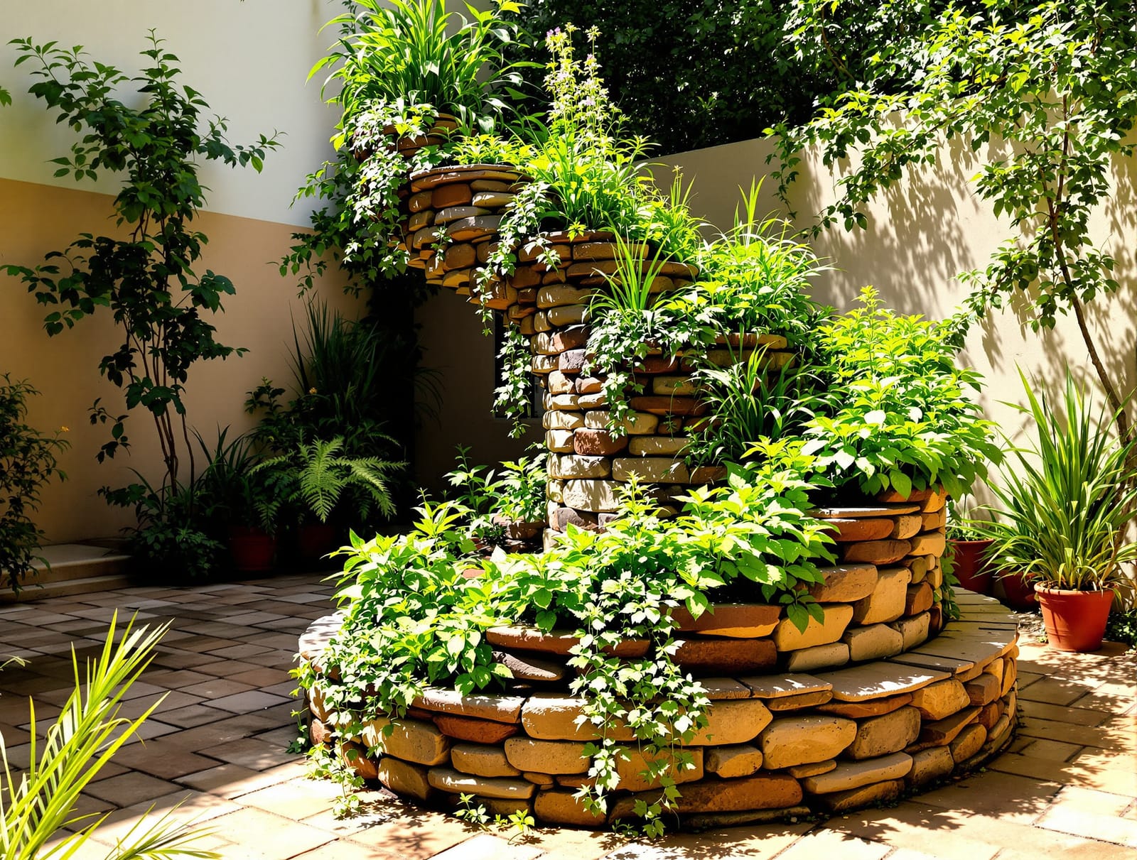 A spiral herb garden bed with tulsi, mint, coriander and lemongrass in a sunny Indian courtyard
