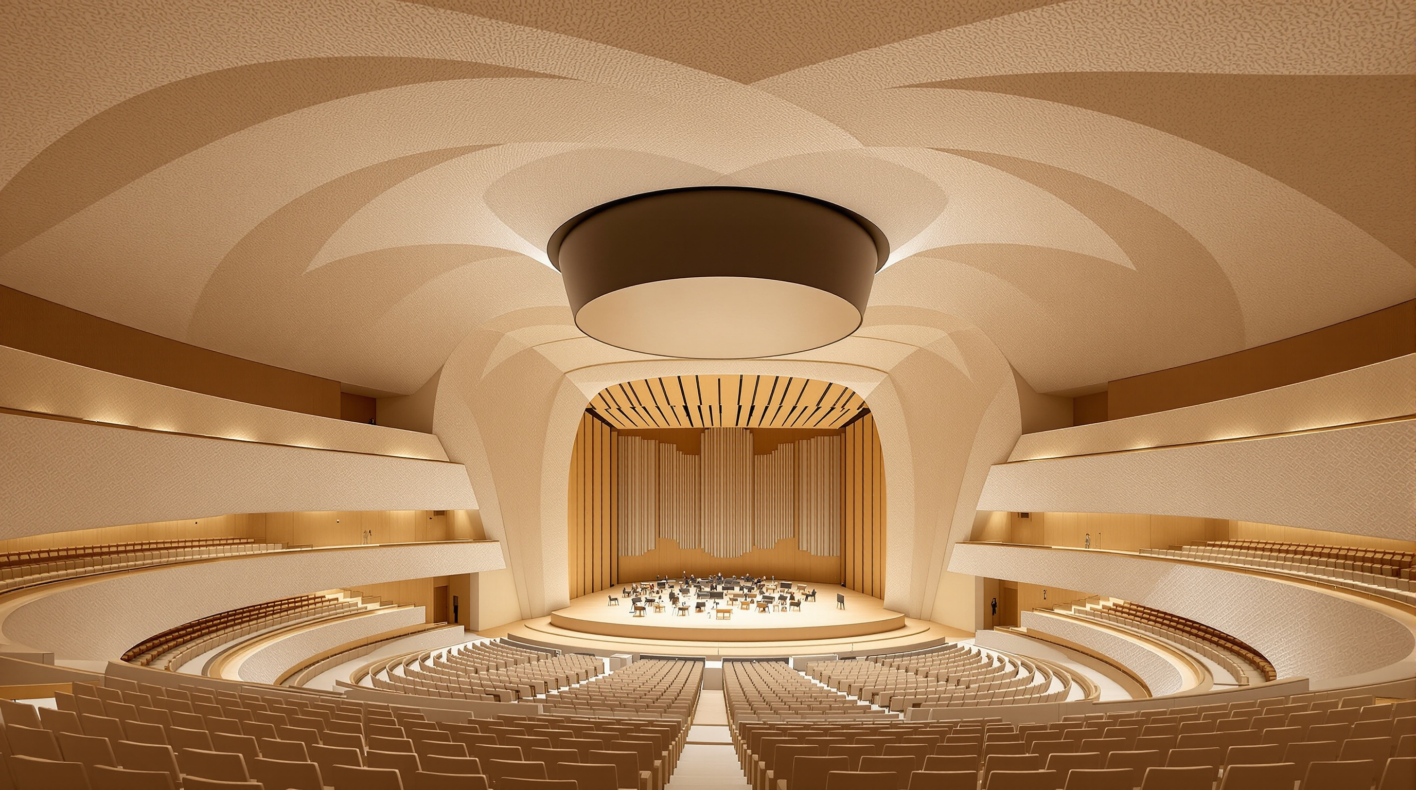 Interior of the Elbphilharmonie Grand Hall, a steep vineyard-style auditorium with tiers of pale seating cascading around a central stage, every wall and ceiling surface clad in the sculpted, cratered White Skin panels under a suspended reflector