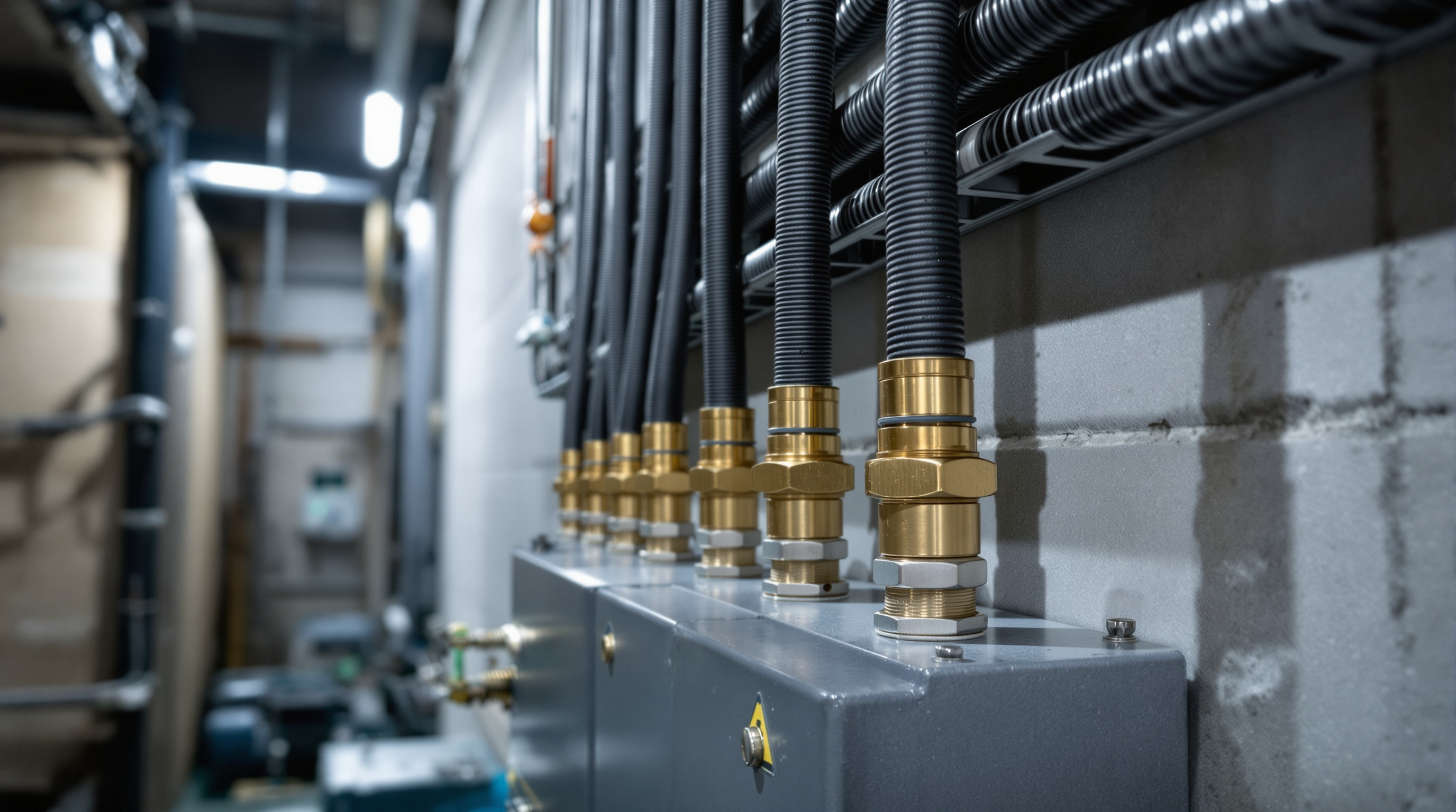 Neatly dressed armoured power cables running along galvanised steel cable trays in an STP plant room, glanded into a motor terminal box