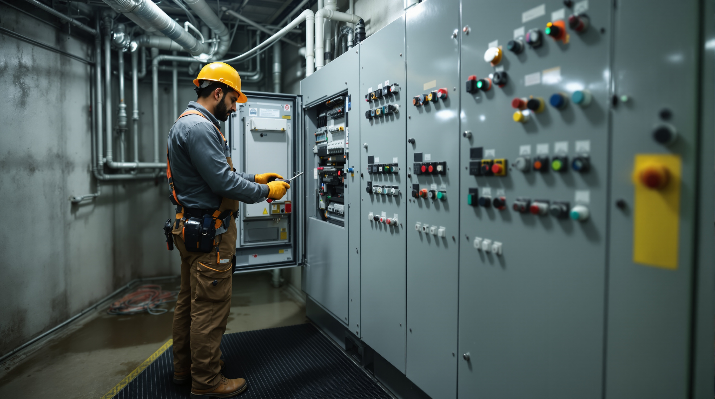 An Indian electrician in safety gear working carefully at an open motor control panel on a rubber mat in a wet STP plant room