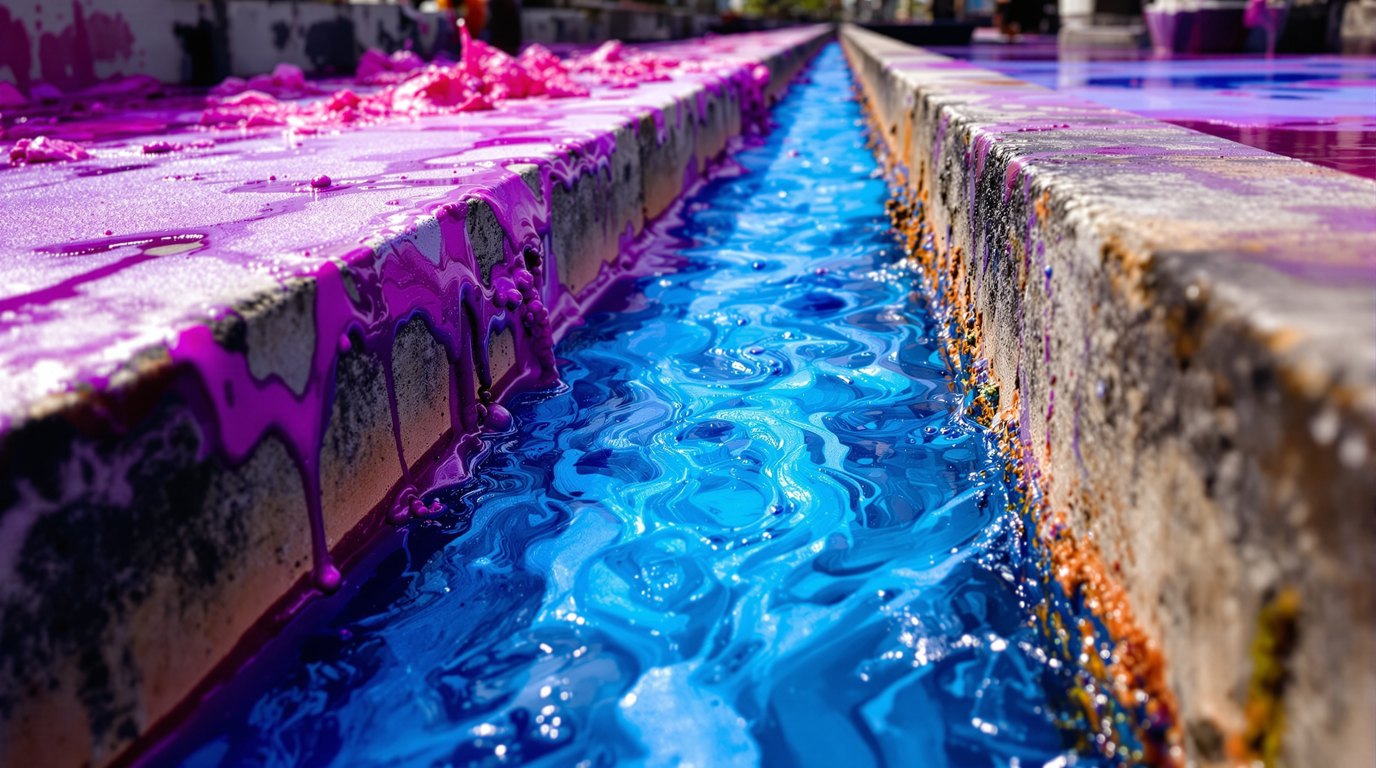 Deeply coloured textile dye effluent flowing into a treatment channel at an Indian factory