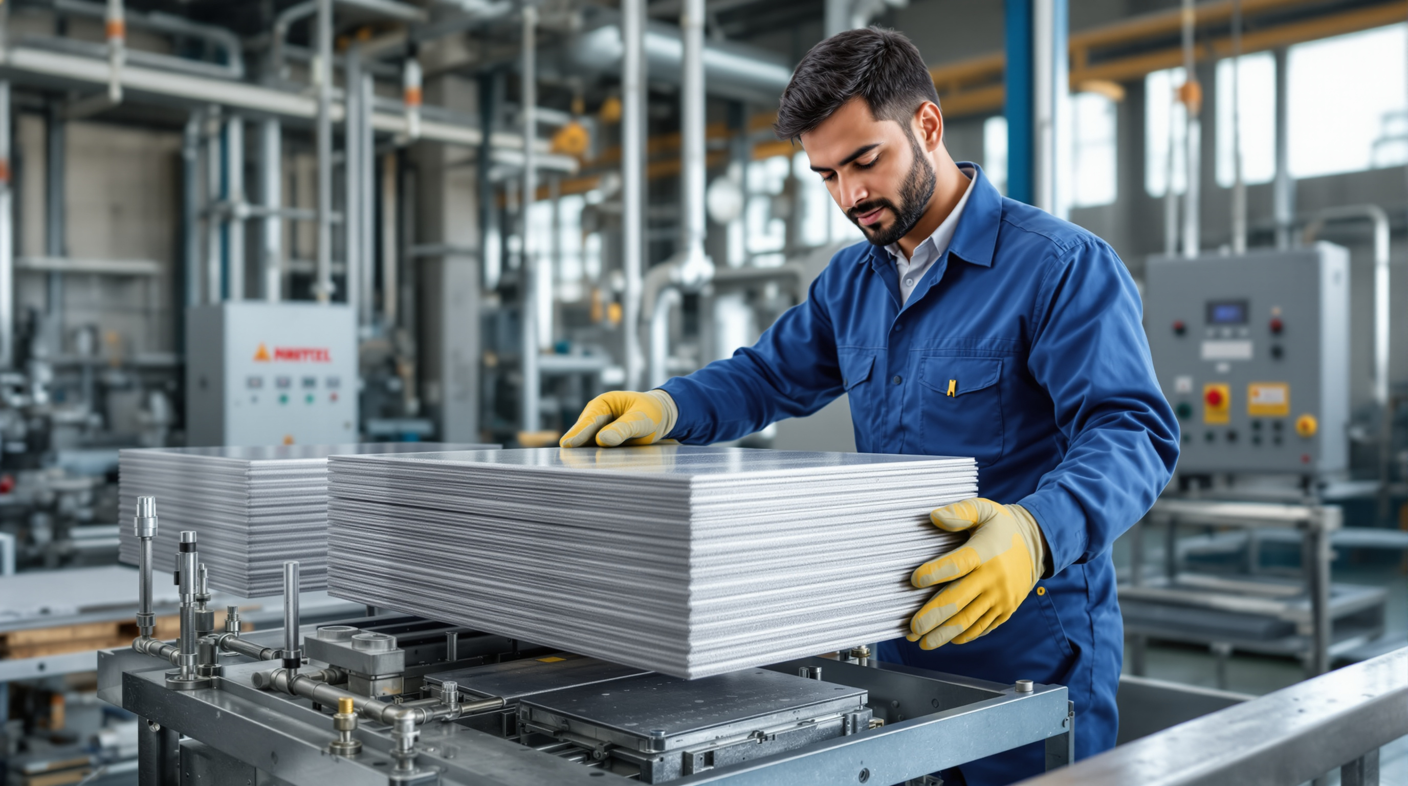 Indian technician inspecting stacked metal electrode plates coated with oxide film at a treatment plant
