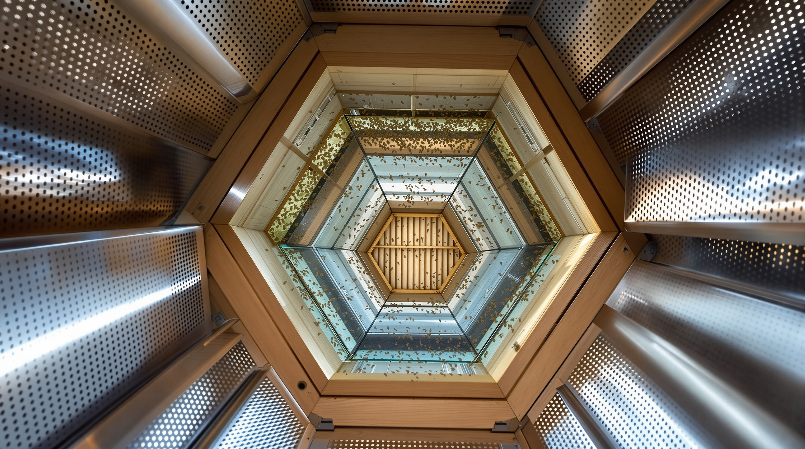 Looking straight up inside Elevator B: the suspended hexagonal cypress beecab seen from directly below, honeybees crawling across the laminated-glass floor, framed by the geometric perforated-steel walls of the tower against a bright Buffalo sky