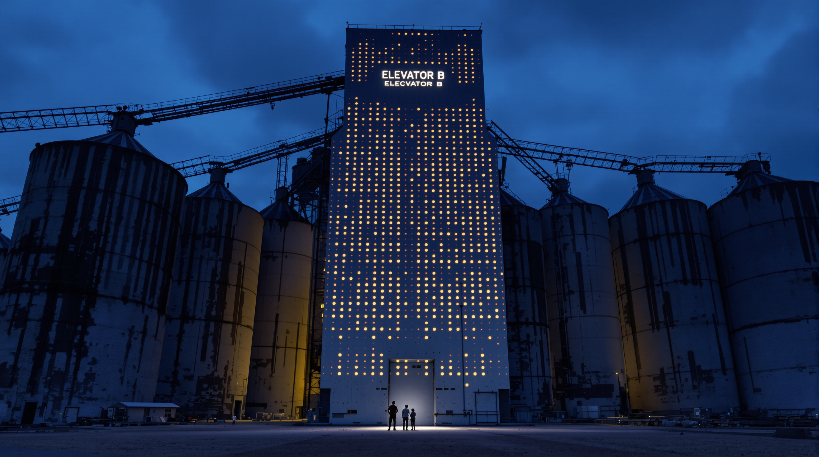 Elevator B seen at dusk within the vast canyon of Silo City's concrete grain elevators, its perforated skin glowing softly from within, tiny human figures at its base giving the scale, the derelict industrial towers rising dark behind it