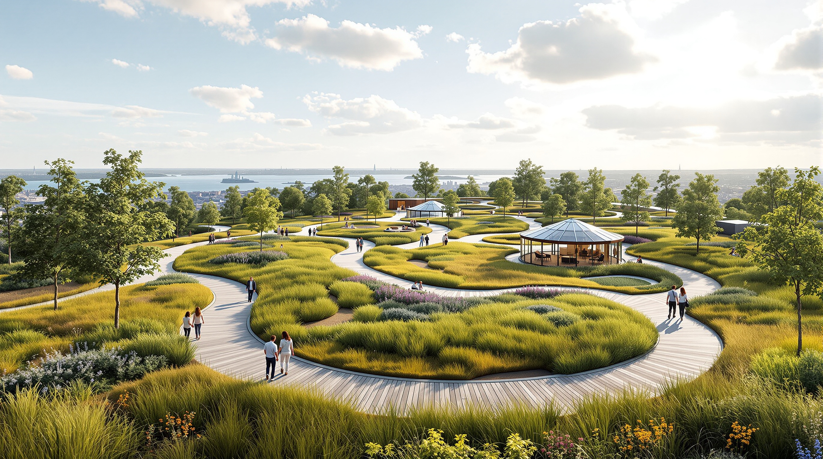 The 27,000-square-metre rooftop park on top of Emporia, a rolling green landscape of sedum, prairie grasses and young trees with winding paths and wind-sheltered timber patios, people walking under an open Scandinavian sky with the Øresund region beyond