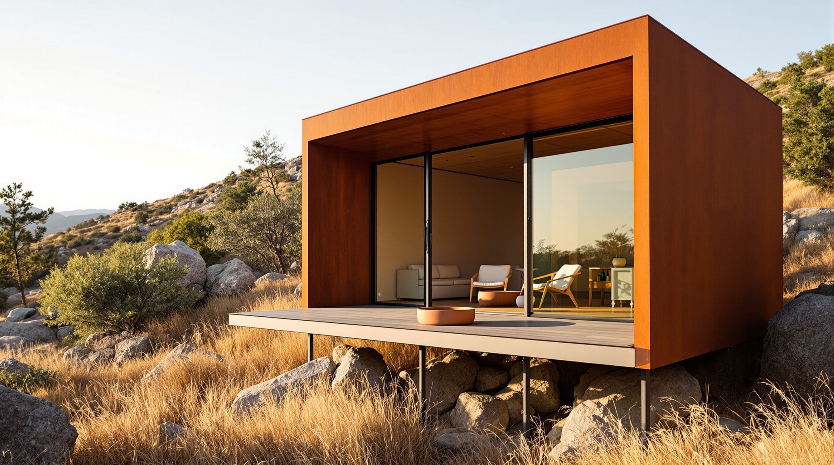 A single Endémico room seen close up: a compact rust-coloured corten steel box on slender legs, its glazed front wall open to a small cantilevered steel terrace with two chairs and a low clay fire pit, granite boulders and dry golden grasses passing beneath the raised floor