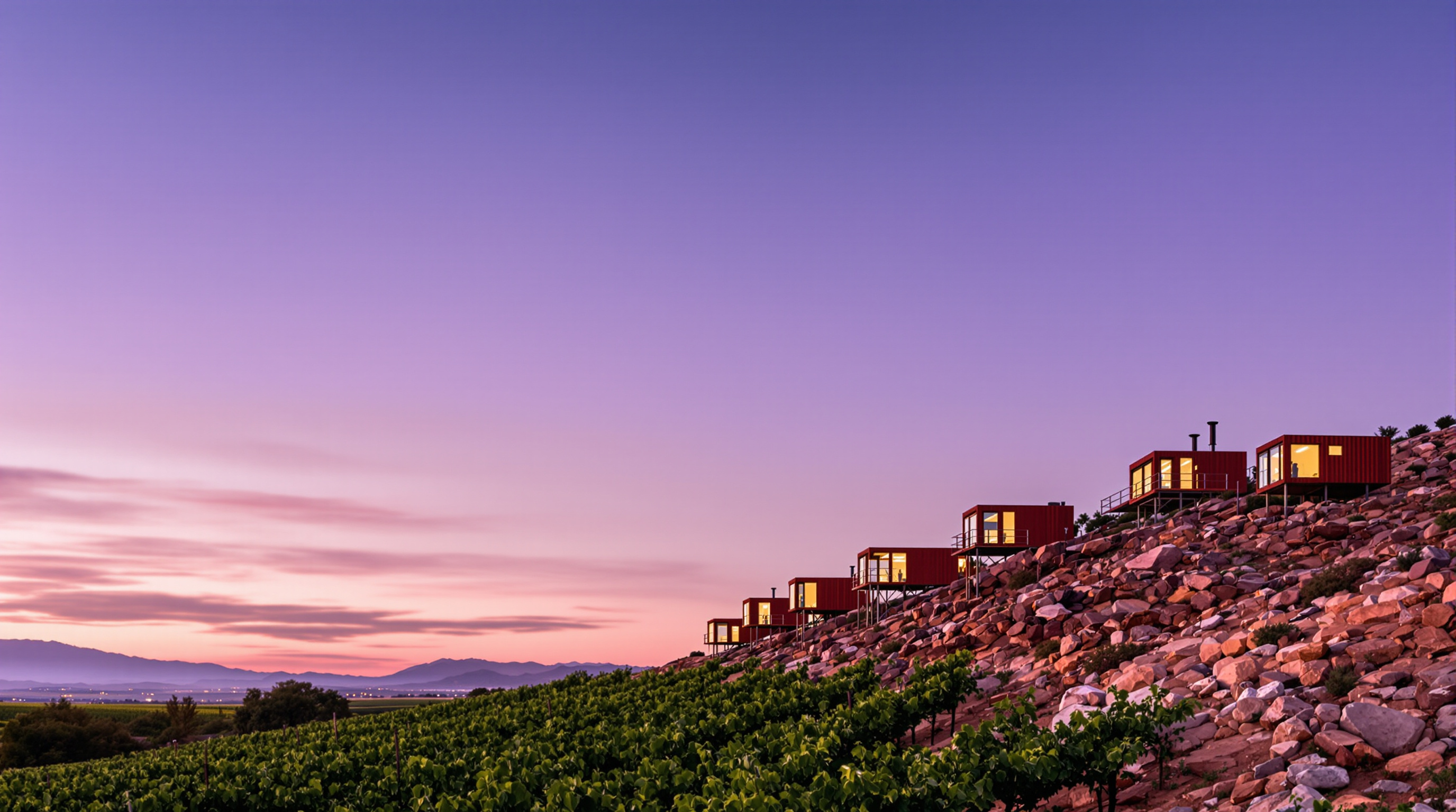 Wide dusk view across the Valle de Guadalupe: rows of vineyards on the valley floor below, and scattered up the boulder-strewn hillside above them the small rust-coloured Endémico cabins on stilts, warm interior light glowing from their glazed valley-facing walls