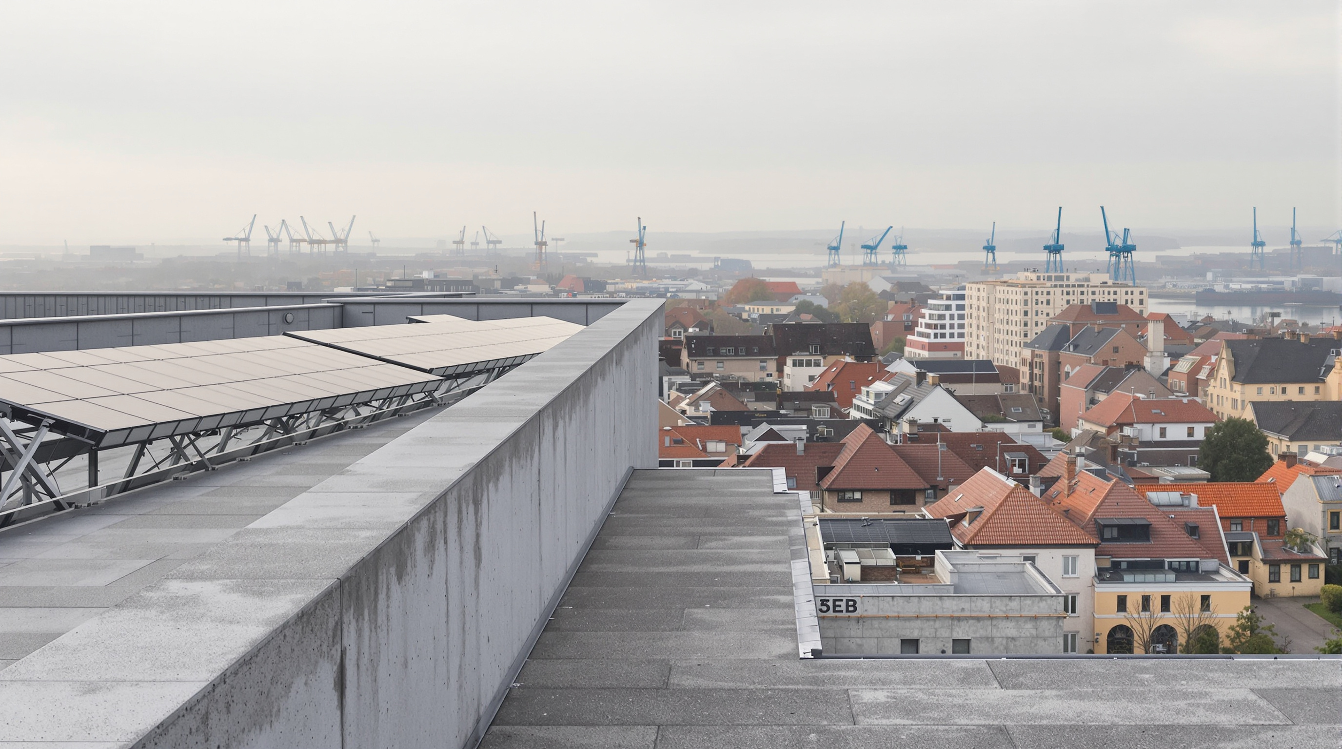 Visitors on the rooftop viewing terrace of the Energy Bunker at around thirty metres height, looking out over the low rooftops of Hamburg-Wilhelmsburg and the port beyond, the raw concrete parapet in the foreground and the solar collectors visible along the edge of the roof