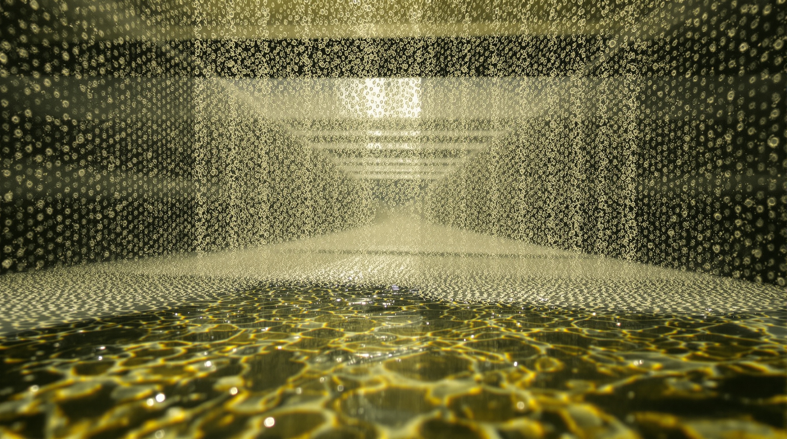 Dense curtain of fine air bubbles rising through the clear water of an aeration tank from membrane diffusers on the floor