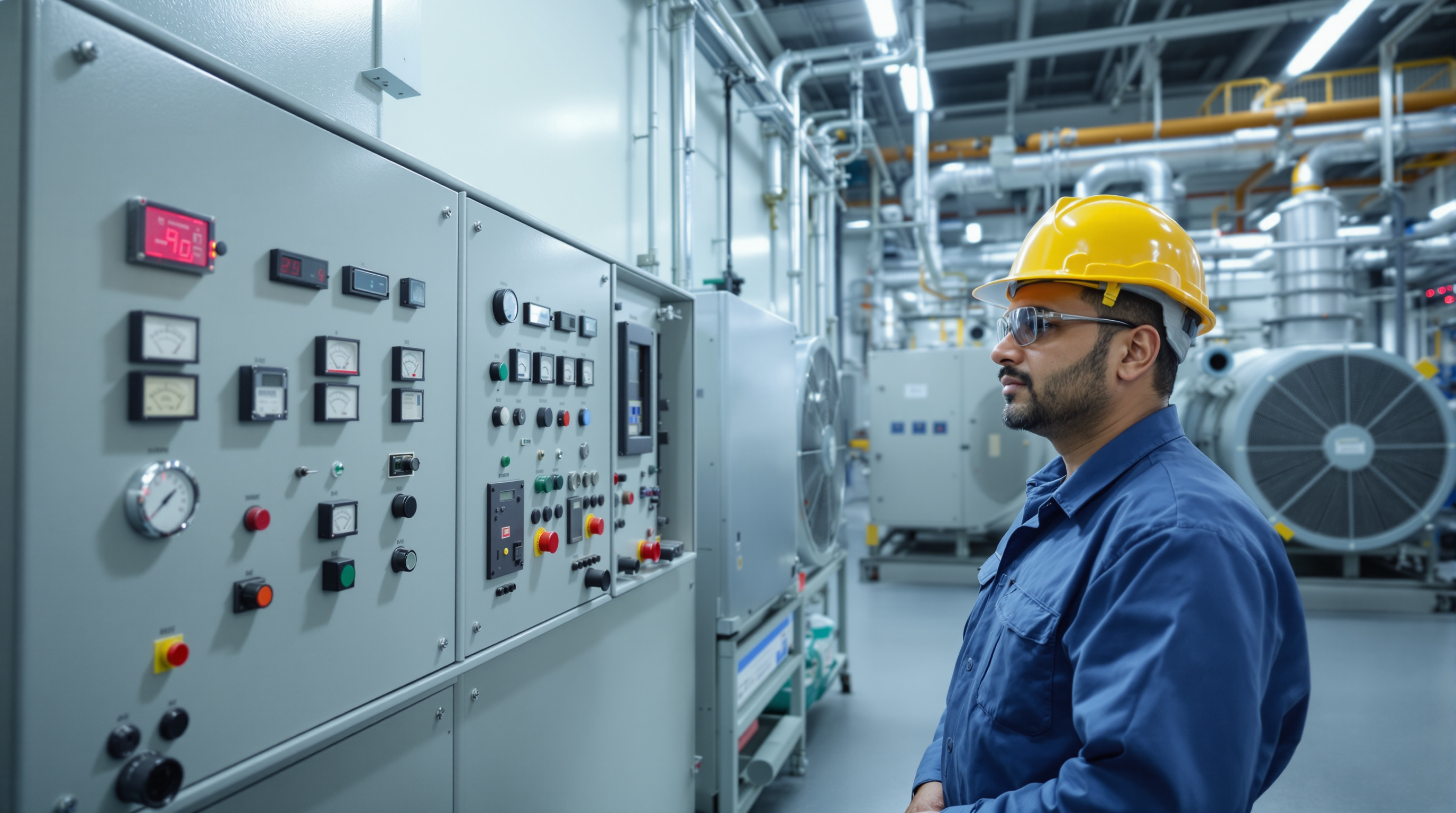 Indian plant operator inspecting a wall-mounted variable frequency drive control panel beside blowers in an STP machine room