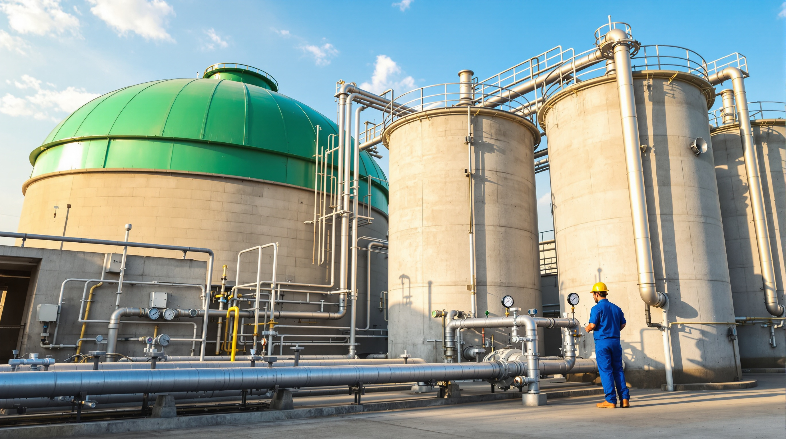 A green biogas dome and anaerobic digester tanks beside a sewage treatment plant, with an Indian operator inspecting gas piping