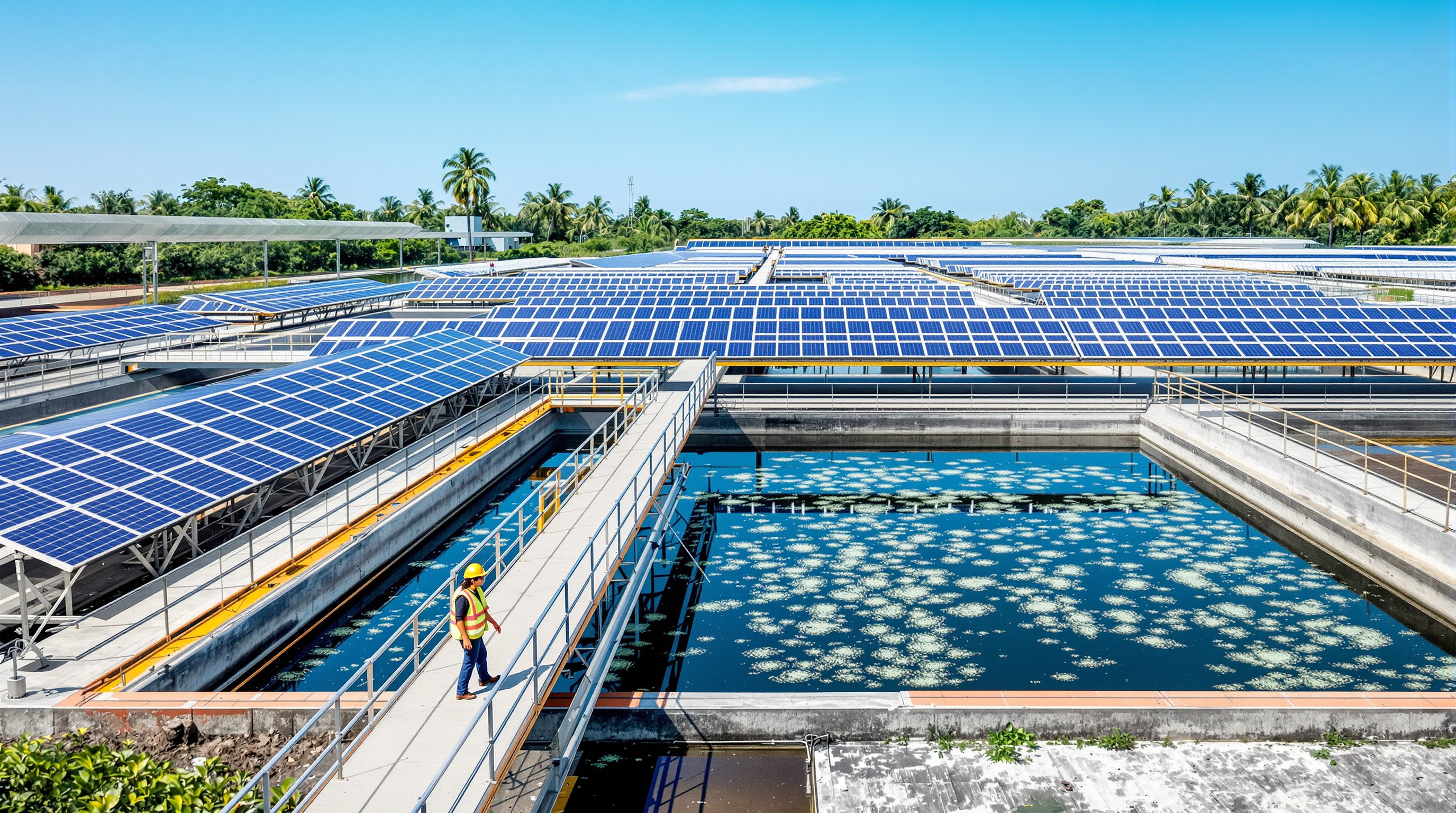Rooftop and ground-mounted solar panels above the aeration tanks of an Indian sewage treatment plant under a bright sky