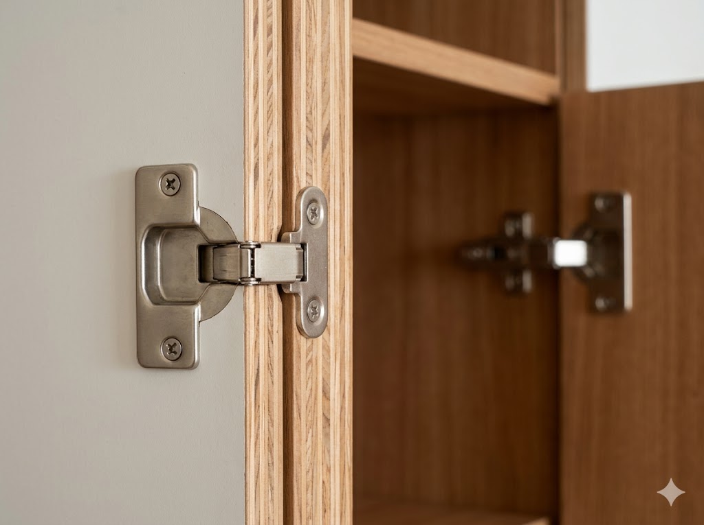 Hinge-bearing edge of a wardrobe carcass — visible plywood layers, hardware screw holding into the panel edge