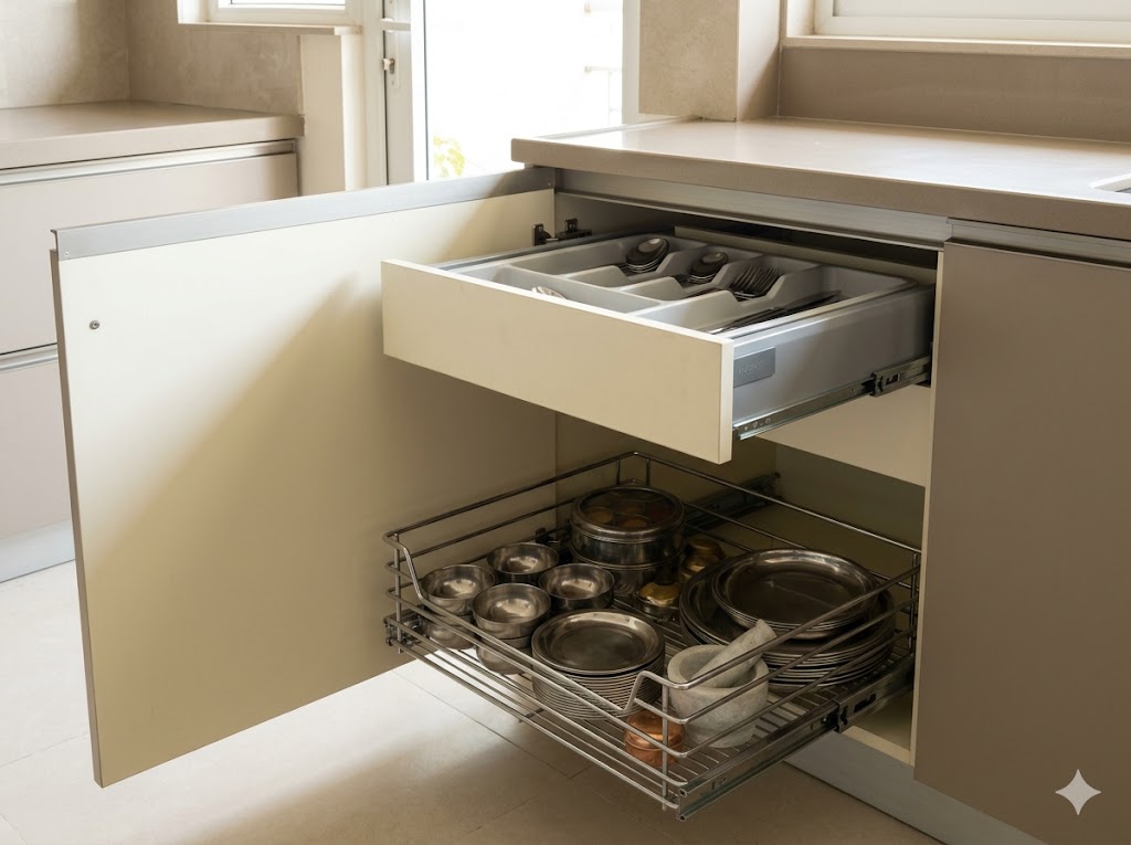 Inside view of a well-built Indian modular kitchen carcass showing BWP plywood interior with laminate exterior and quality hardware