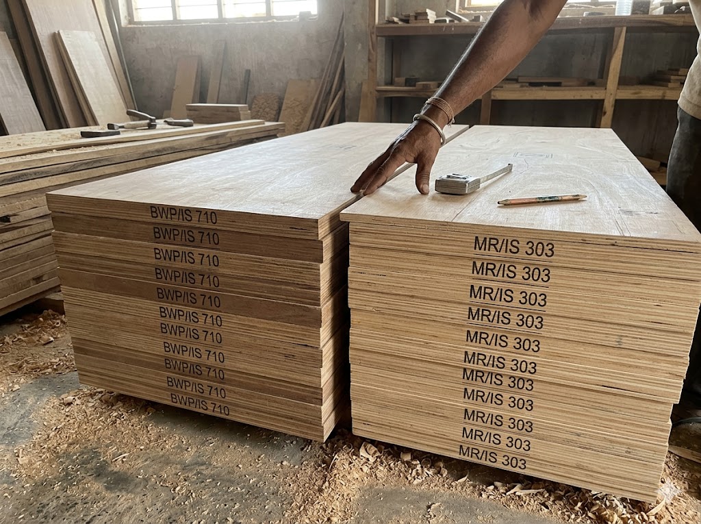 Stack of plywood sheets in a workshop with IS 710 BWP and IS 303 MR grades clearly differentiated by edge colour