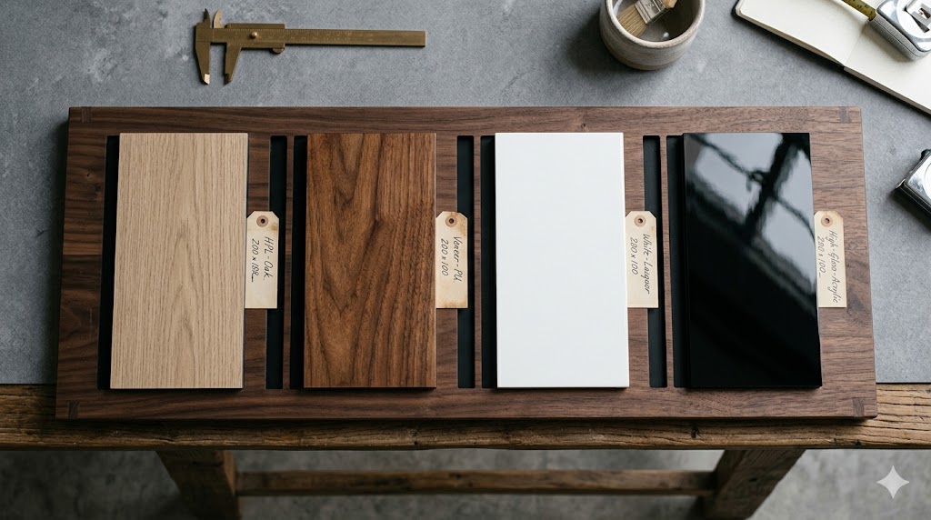 Sample board displaying surface finish options — laminate, veneer with polish, lacquer, melamine, acrylic — labeled side by side
