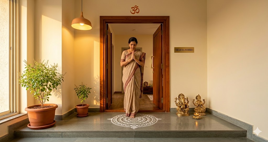 Wide-angle photograph of a vastu-compliant entrance to a premium Indian apartment in Pune late afternoon golden light streaming in through a corridor window onto a raised kota stone threshold with a fresh white rice-flour kolam pattern in concentric circles a solid teak main door painted in deep saffron a brass Ganesha and Lakshmi pair placed on the right side of the door at eye level with a small lit brass diya in front a thriving tulsi pot in a terracotta planter to the left of the door a brushed brass nameplate engraved with the family name a warm 2700K pendant lamp casting golden light on the entire threshold zone a brushed brass Hettich door handle and an Om symbol painted in saffron above the doorhead an Indian woman in her thirties wearing a beige cotton sari placing her palms together in namaste as she steps across the threshold magazine-quality interior photograph quiet dignified auspicious atmosphere
