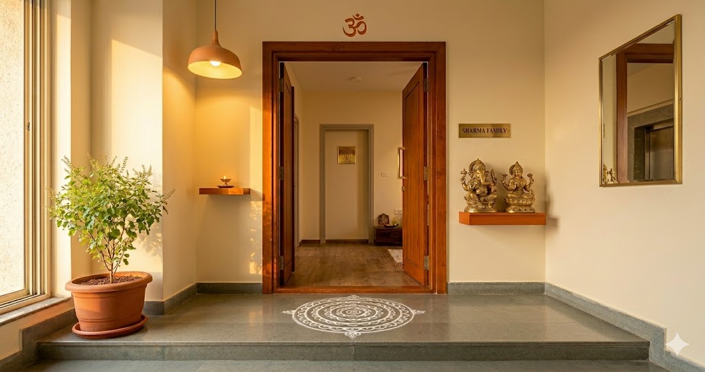 Wide-angle photograph of a vastu remedy strategy applied to a south-facing apartment door in a Mumbai high-rise the entrance has been carefully remediated a solid teak main door has been painted in deep saffron with a fresh white kolam at the raised granite threshold a brass Ganesha and Lakshmi pair is placed on the right side of the door at eye level with a small lit brass diya a substantial brushed-brass nameplate is mounted at eye level a thriving tulsi plant in a terracotta pot sits in the north-east corner of the foyer a brass-framed mirror is mounted on the perpendicular north wall not facing the door a warm 2700K pendant lamp casts golden light on the threshold zone making the brass symbols glow a single small Kuber yantra is mounted on the north wall inside the foyer evening light filters through magazine-quality interior photograph quiet remediated auspicious atmosphere