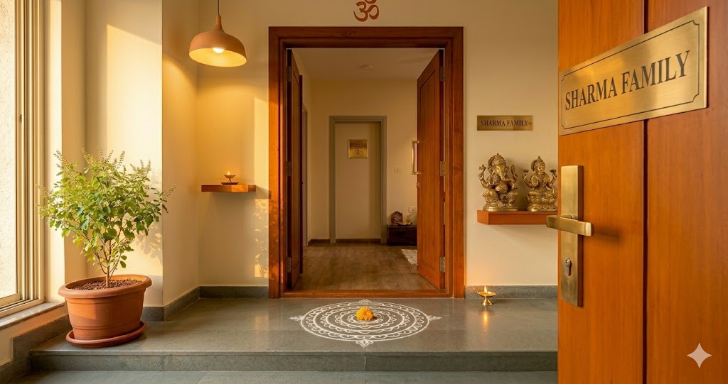 Close-up wide-angle photograph of an Indian apartment threshold with a raised polished granite step a fresh kolam pattern carefully drawn in white rice flour in concentric geometric circles in the morning a substantial brushed brass nameplate engraved with the family name mounted at eye level to the right of a solid teak door the door painted in warm saffron with a brass Hettich handle a small lit brass diya glowing on the right side of the door catching the early light a single marigold flower placed at the centre of the kolam soft morning sunlight casting long shadows across the threshold magazine-quality interior detail photograph quiet ritual dignity