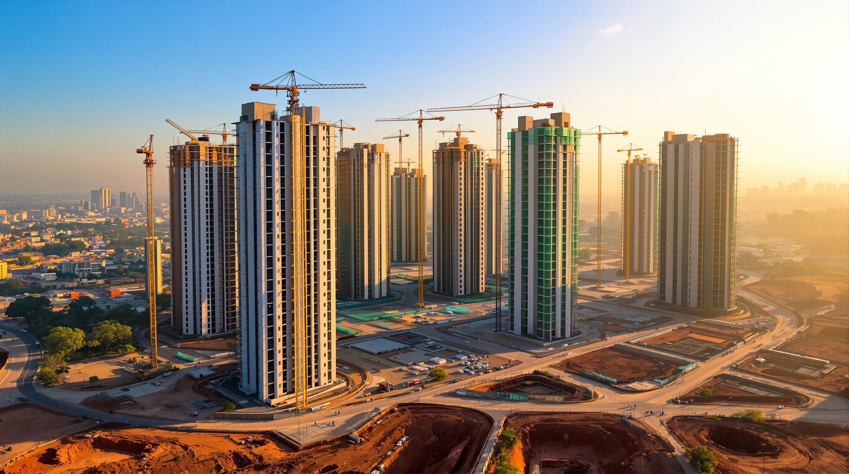 A large Indian residential township under construction with multiple high-rise towers and tower cranes at sunrise