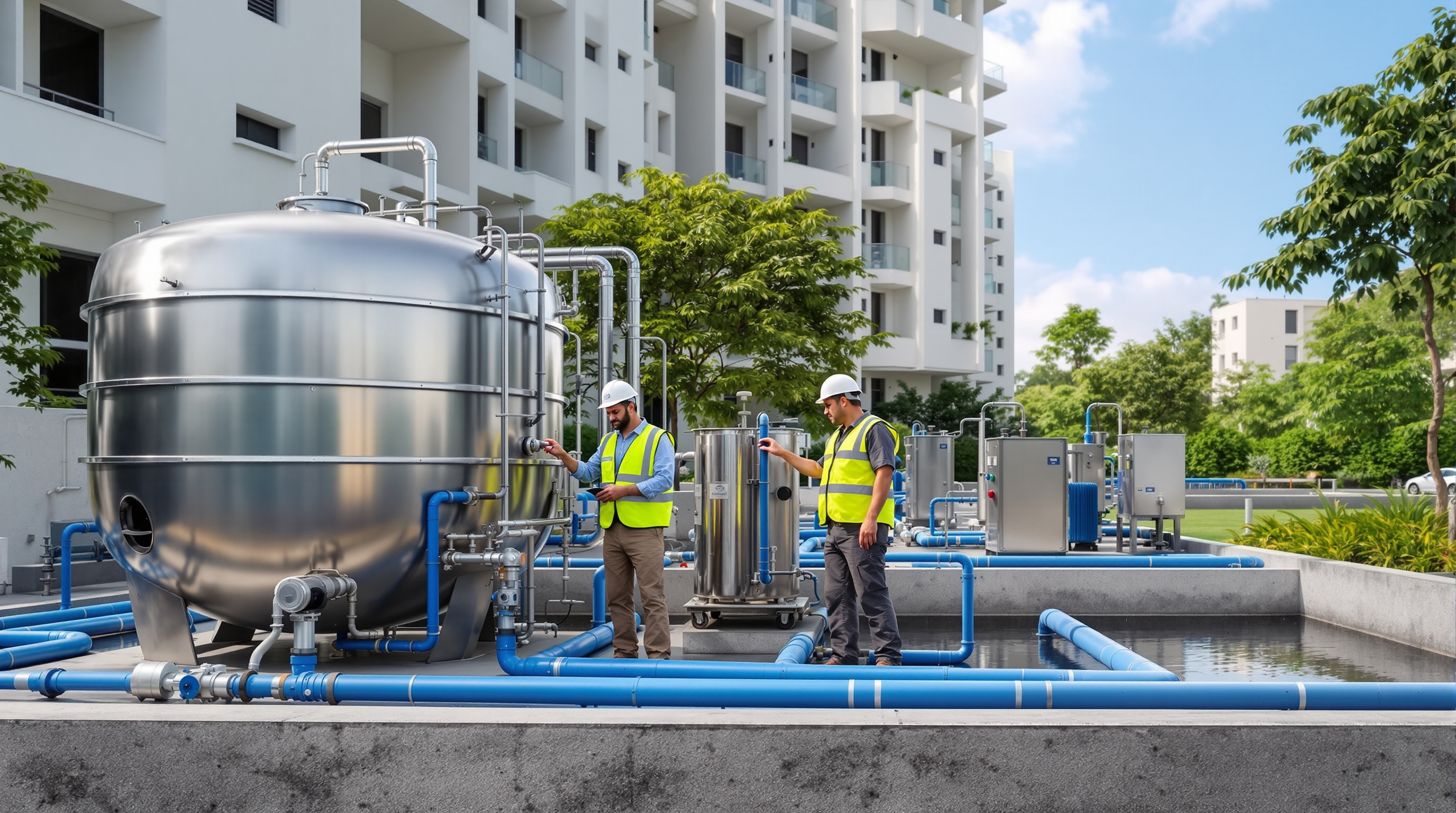 An Indian engineer inspecting a compact decentralised sewage treatment plant with tertiary filtration tanks beside a modern residential complex