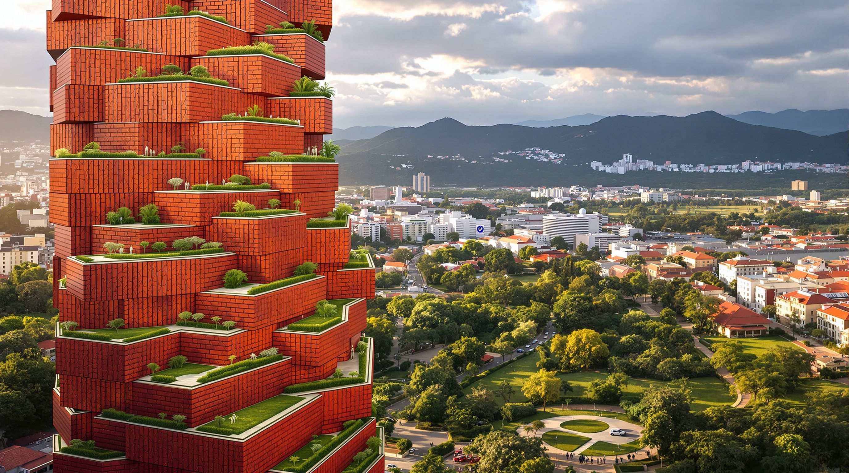 Aerial view of EPIQ from above La Carolina Park in Quito, showing the stacked tower stepping upward with planted terraces at each offset, the four-red herringbone façade catching afternoon Andean light, the green park spreading north and the dense low-rise city and mountains beyond
