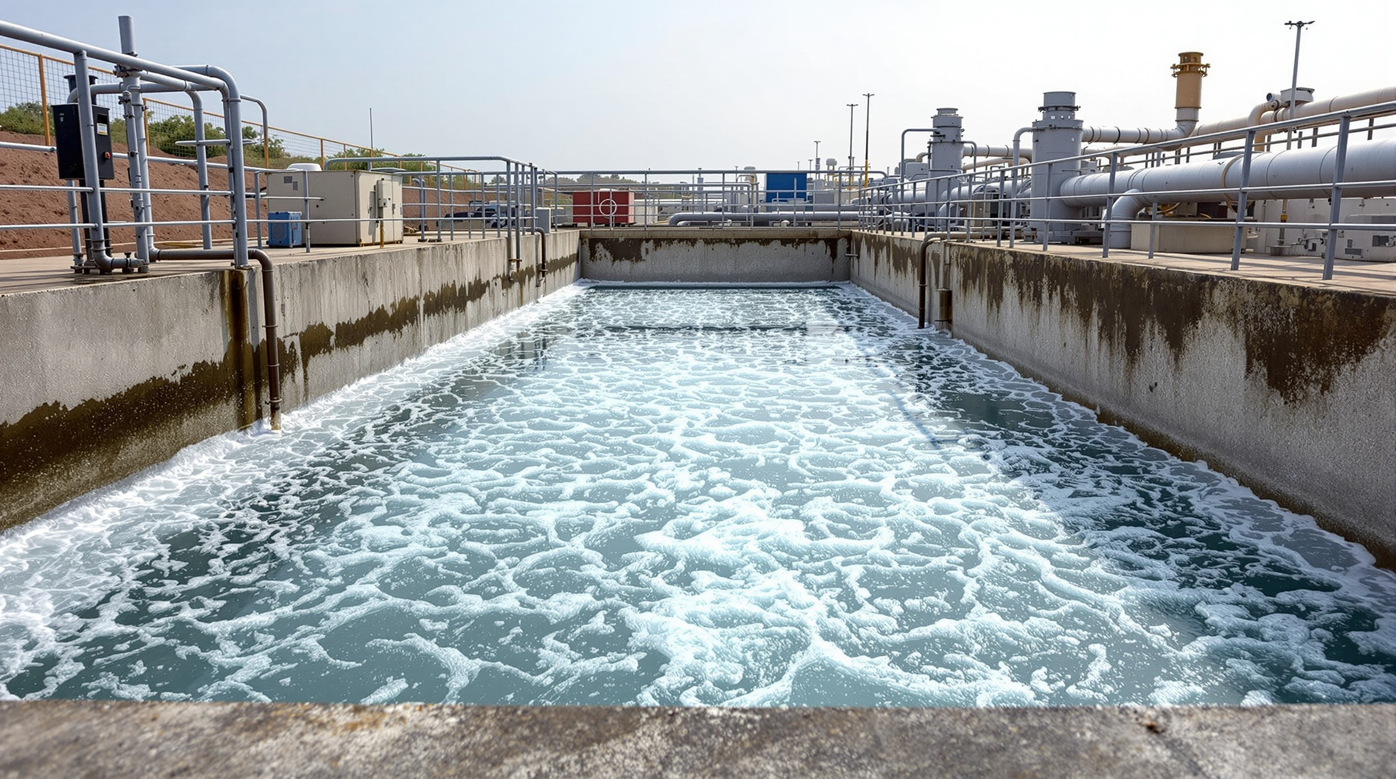Rectangular concrete equalization tank at an Indian sewage treatment plant with its grey surface churning from coarse-bubble aeration