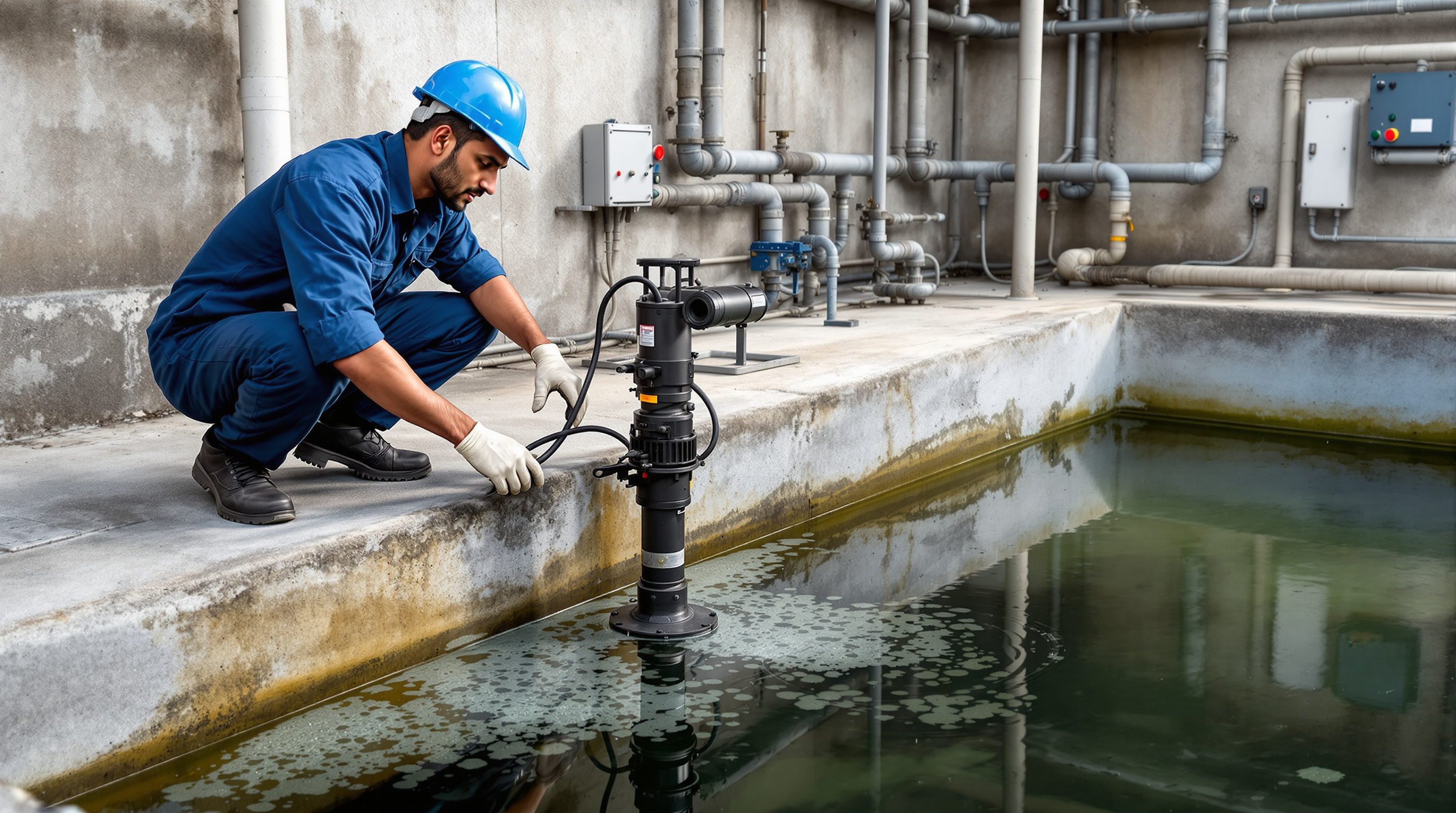 Indian plant operator in overalls inspecting the edge of an equalization tank and its transfer pump controls