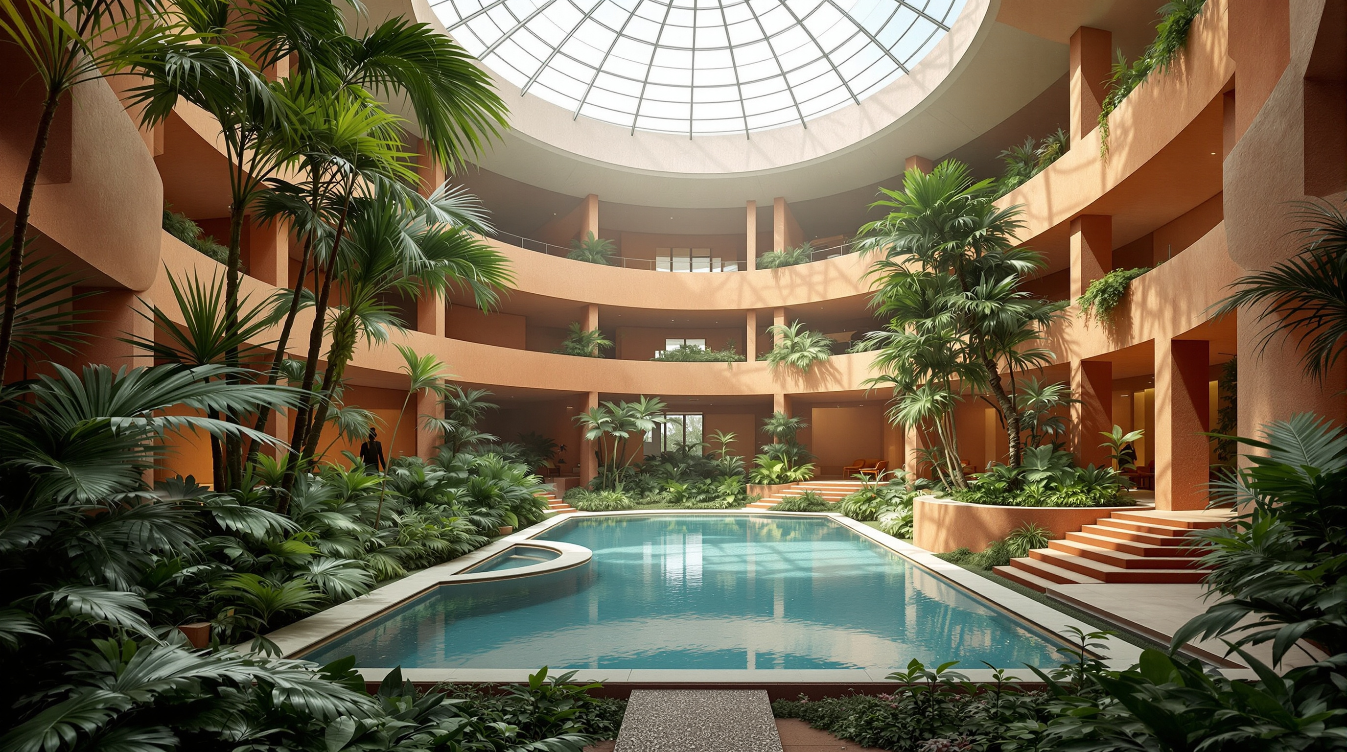 The interior court of the ESO Residencia beneath its translucent dome: a lush tropical garden with palms and green foliage growing four storeys deep, a swimming pool reflecting soft daylight, exposed red-ochre concrete walls and walkways stepping down around the planted atrium