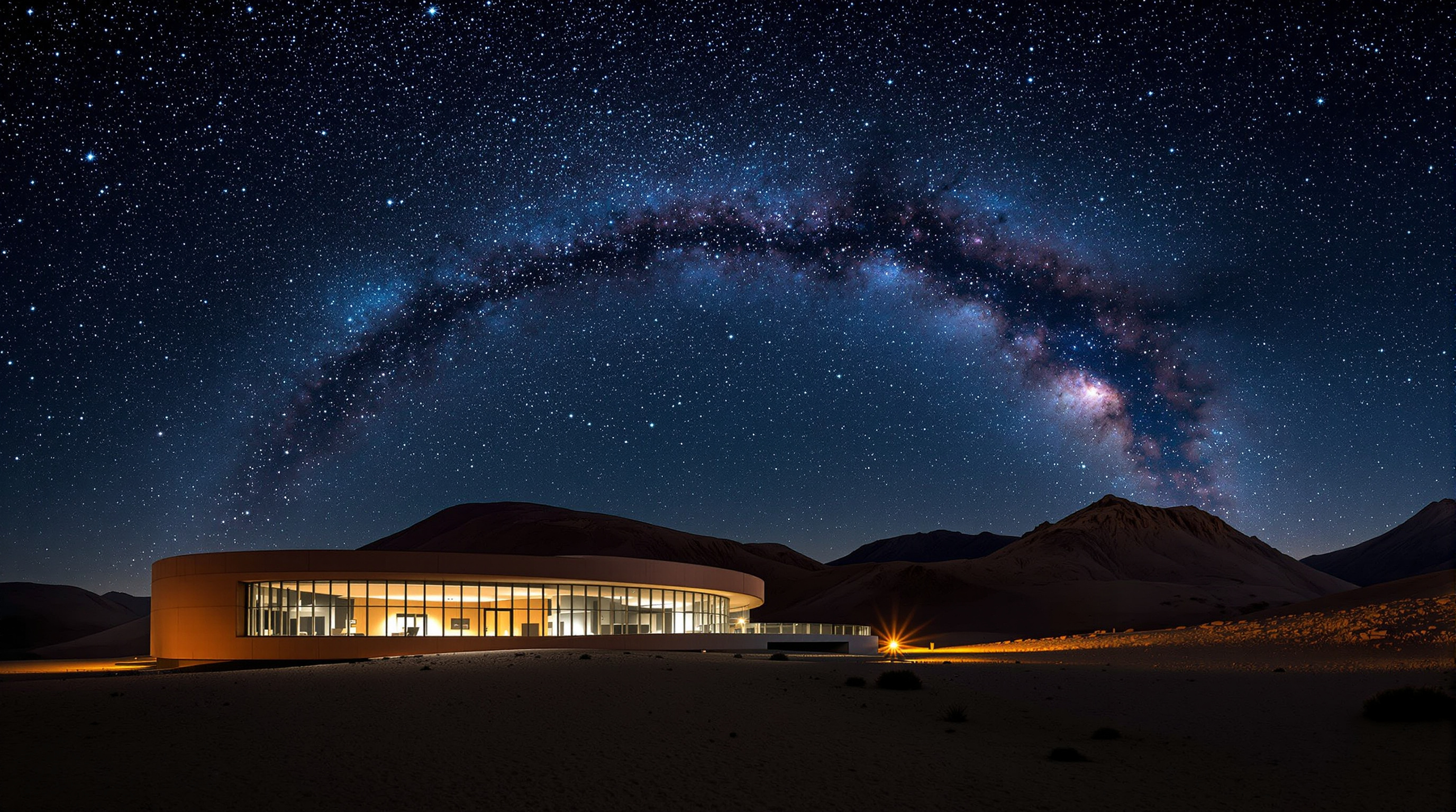 Exterior of the ESO Residencia at dusk: the long, low ochre concrete building nestled into the barren Atacama slope, its curved glazed dome glowing softly from within, the Milky Way and Magellanic Clouds arcing across an intensely dark, star-dense sky above the telescope ridge