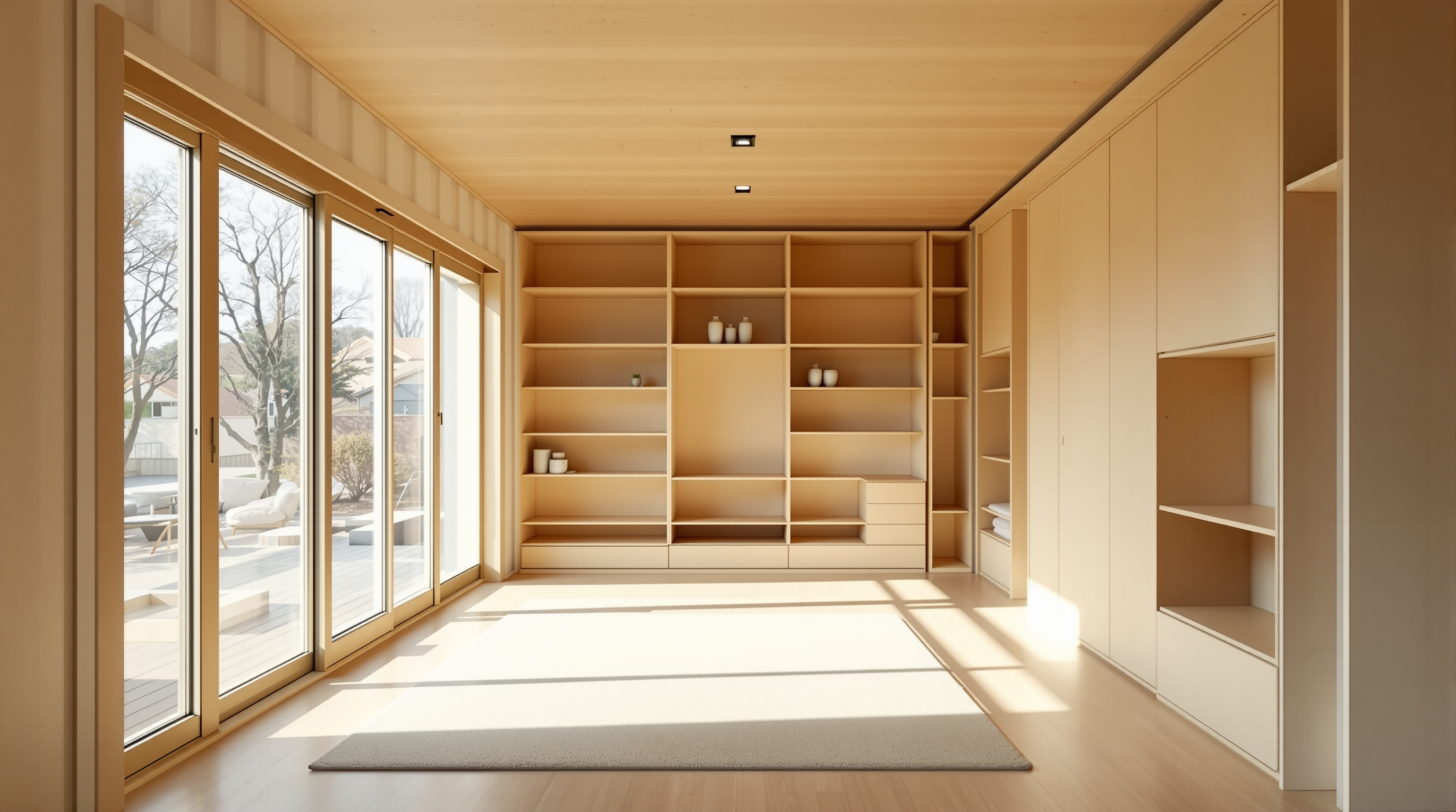 Interior of an Onagawa unit: a bright double-height living room in the gap between containers, full-height glazing on one wall, pale plywood built-in shelving and cabinets lining the container wall, warm and domestic rather than industrial