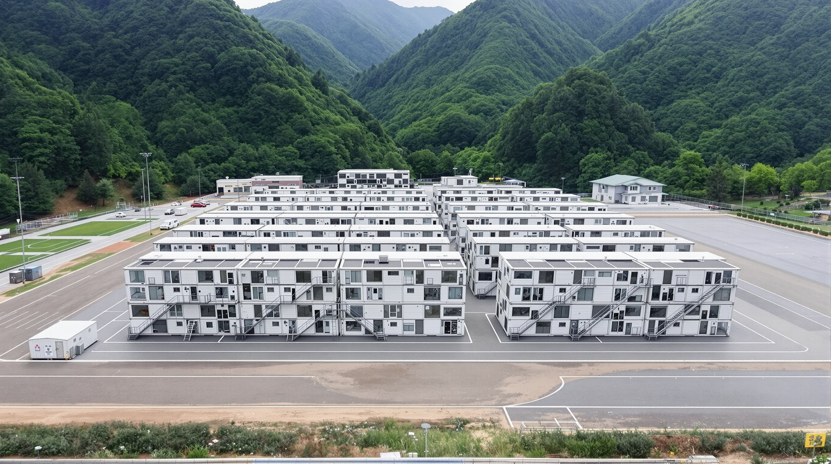 Aerial view of the Onagawa settlement: several parallel three-storey blocks of checkerboard-stacked containers with open terraces and external stairs, arranged on the flat rectangle of a former baseball stadium, green hills rising steeply behind