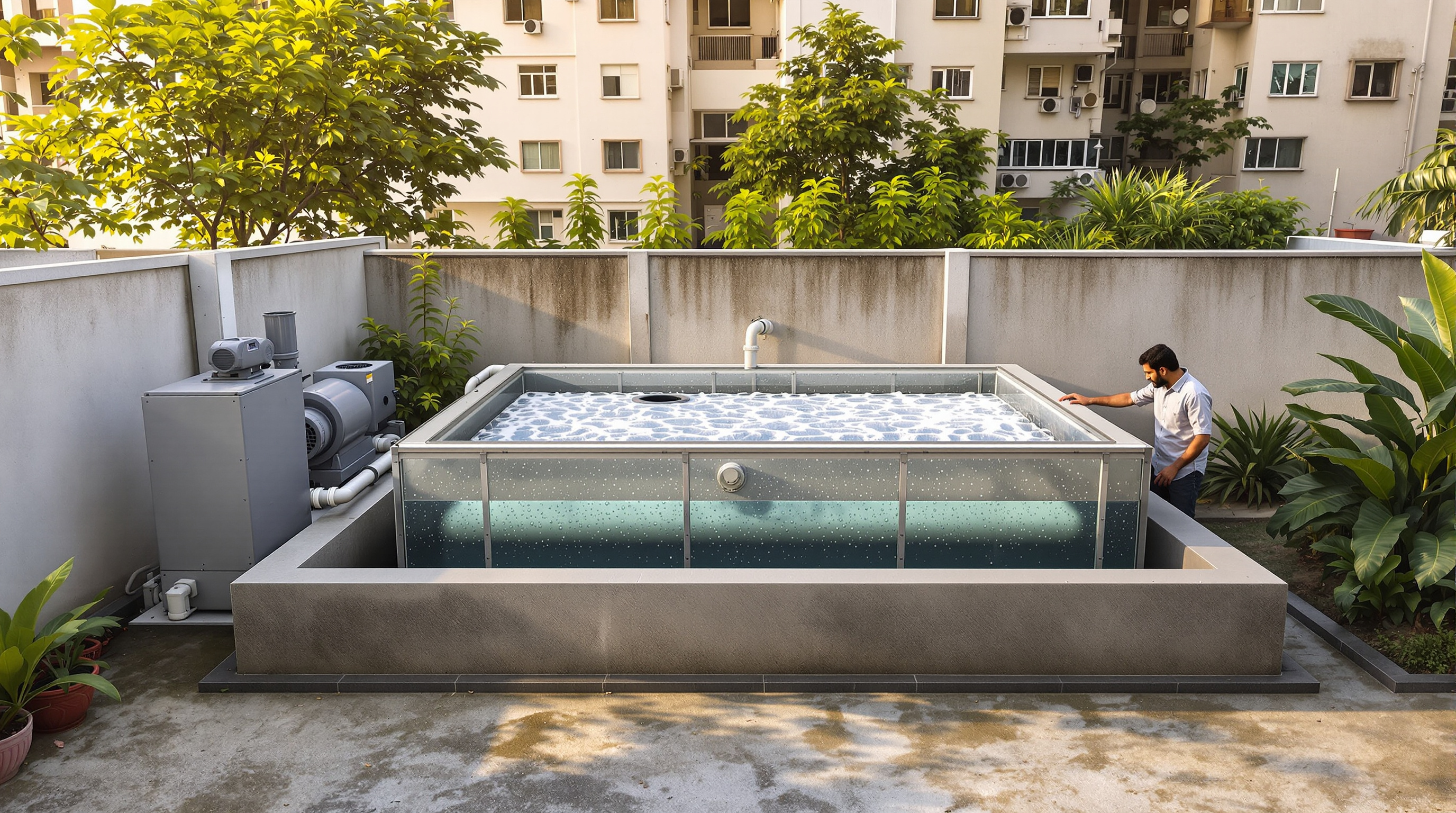 A compact packaged extended-aeration STP running in the plant room beside an Indian apartment complex