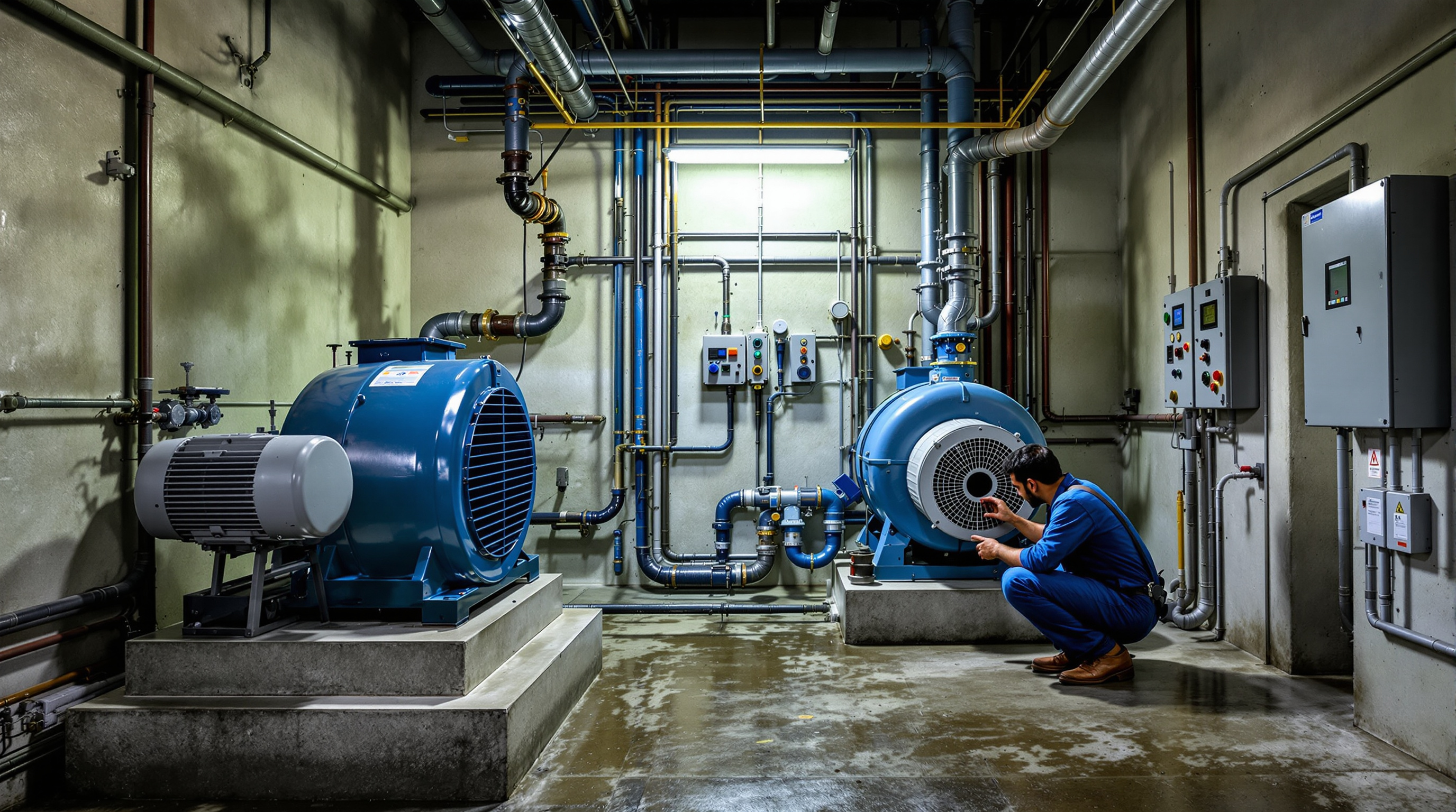 Close-up of blowers and air piping supplying continuous aeration in an STP plant room