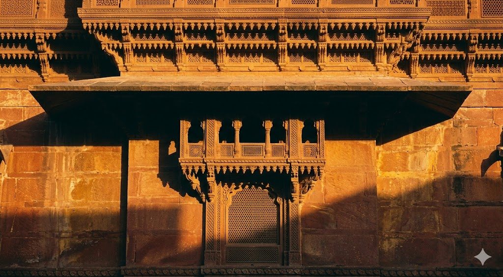 Documentary photograph of a deep stone chhajja on a traditional Rajasthani haveli or Mughal red-sandstone facade with strong late-afternoon raking light casting a dramatic shadow on a carved jharokha and recessed window below