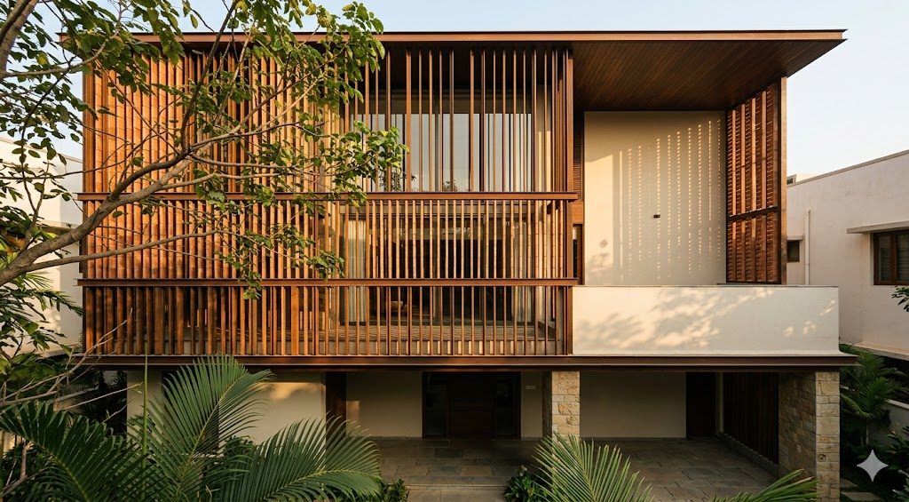 Documentary architectural photograph of a contemporary Indian residential facade with deep brise-soleil and terracotta-baguette or perforated-metal screen layer in warm afternoon light — climate-responsive modern design that responds to Indian solar conditions rather than mimicking temperate-climate glass boxes