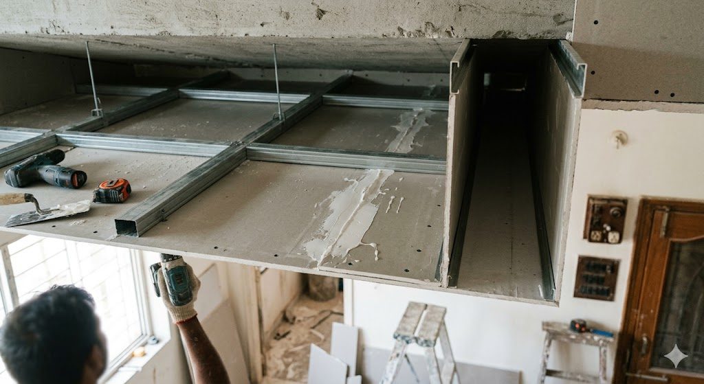 Close-up of a false-ceiling installation in progress in an Indian home — GI framework grid, gypsum boards being screwed up, jointing compound and a cove channel left open for profile lighting