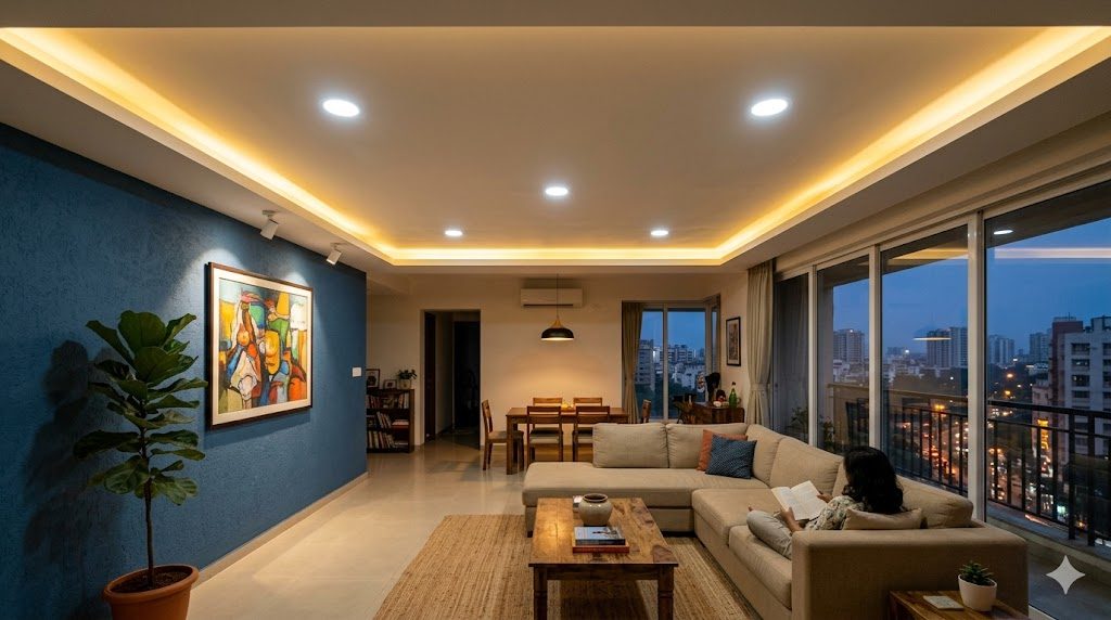 Finished Indian living-room ceiling at dusk demonstrating the three-layer lighting rule — peripheral gypsum false ceiling on all four edges with warm 3000K cove glow, four 4000K recessed downlights across the central flat for general light, two adjustable spotlights aimed at a framed artwork, a pendant over the dining table. Below: beige sectional sofa, wooden coffee table, textured rug, tall indoor plant. The finished ceiling is invisible engineering — what you notice is the light it makes possible, not the gypsum it's built from