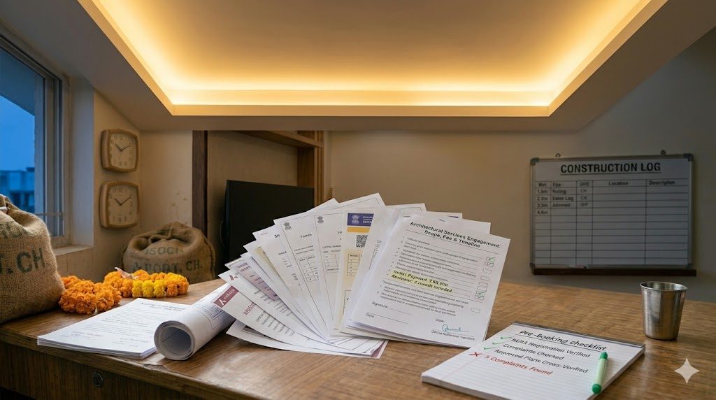 Close-up of a finished cove-lighting detail in an Indian residential interior — LED strip in an aluminium channel with a frosted diffuser recessed in the peripheral ceiling ledge, warm 3000K light washing the upper ceiling surface with a 100-150 mm gap from the wall to avoid hot spots, evening blue-hour light beyond. The cove on a dimmer is the single most impactful lighting upgrade — transforms a room from bright task-lit to intimate ambient in one switch