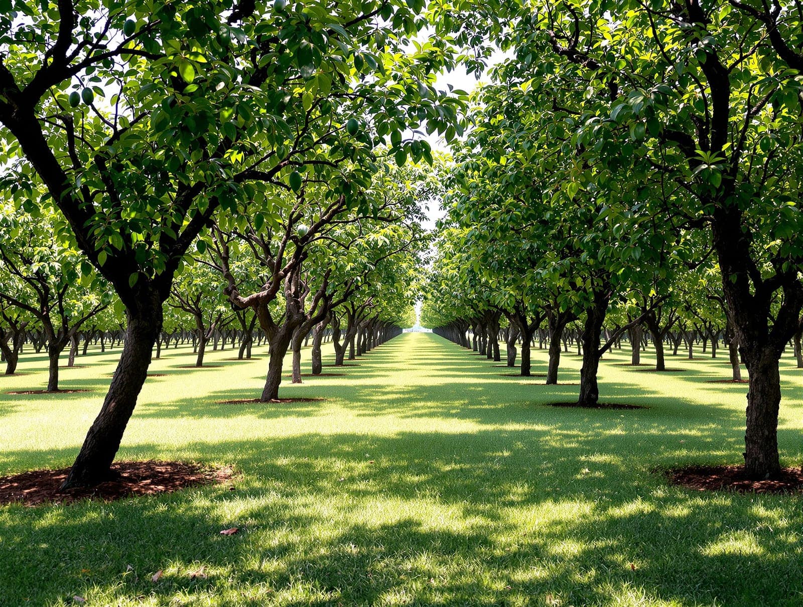 A tree-lined orchard avenue on an Indian farmhouse plot with mango and other fruit trees in rows, dappled light on a grassy track