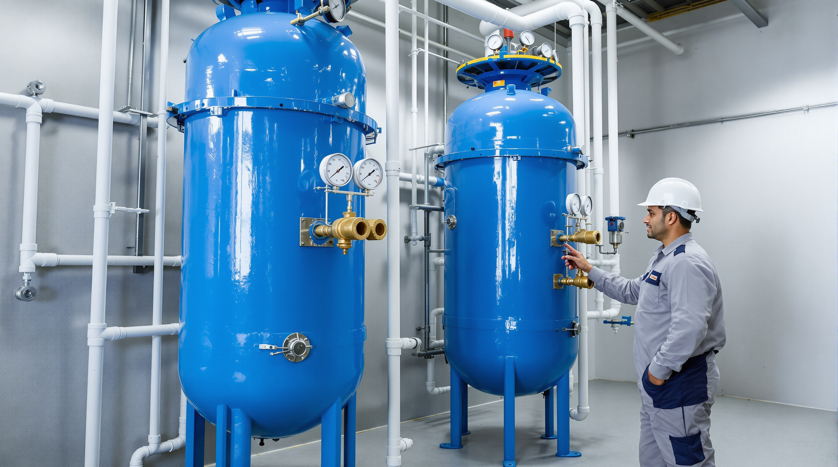 Two tall FRP pressure filter vessels with multiport valves and pressure gauges standing side by side in an Indian STP plant room