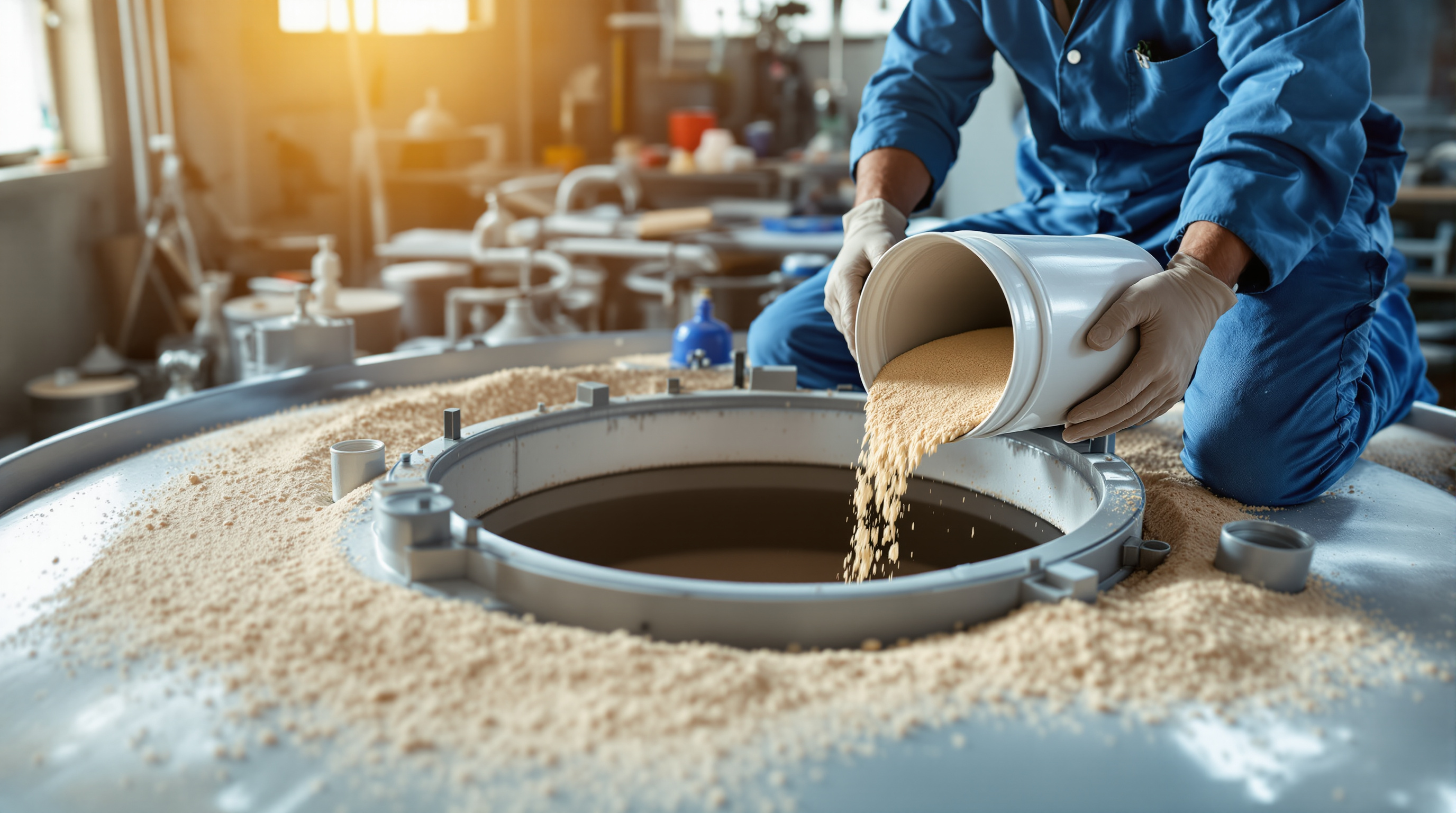 An Indian technician pouring fresh graded silica filter sand into the open top manway of a pressure filter vessel
